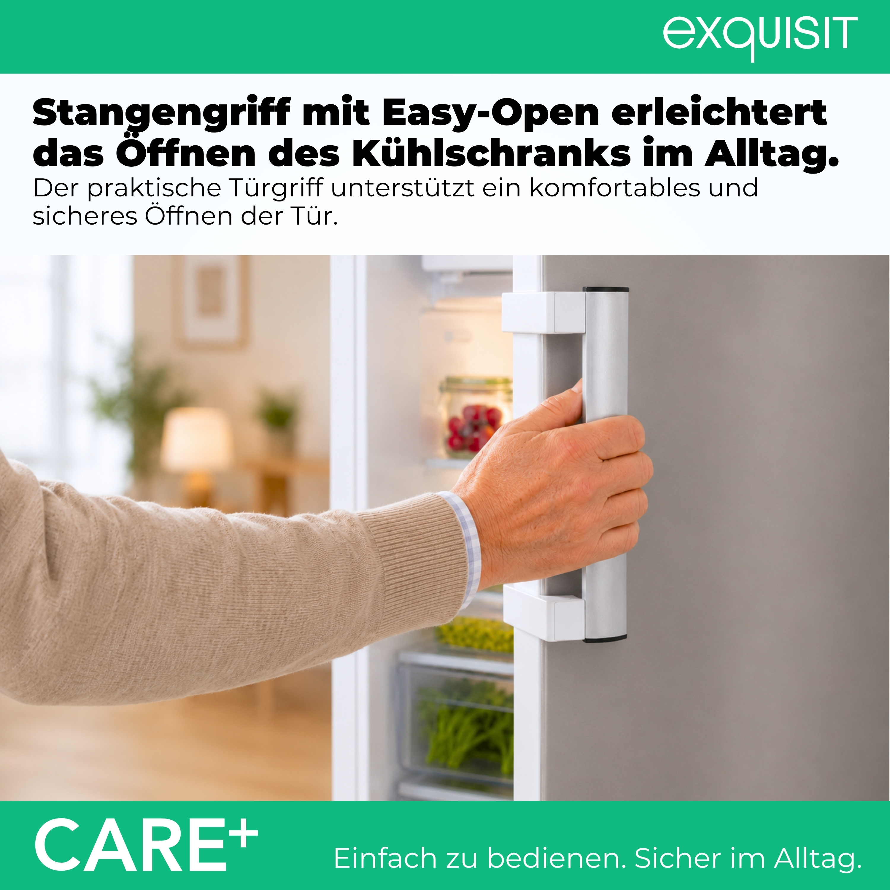 Eine Hand greift den silbernen Griff eines Kühlschranks.