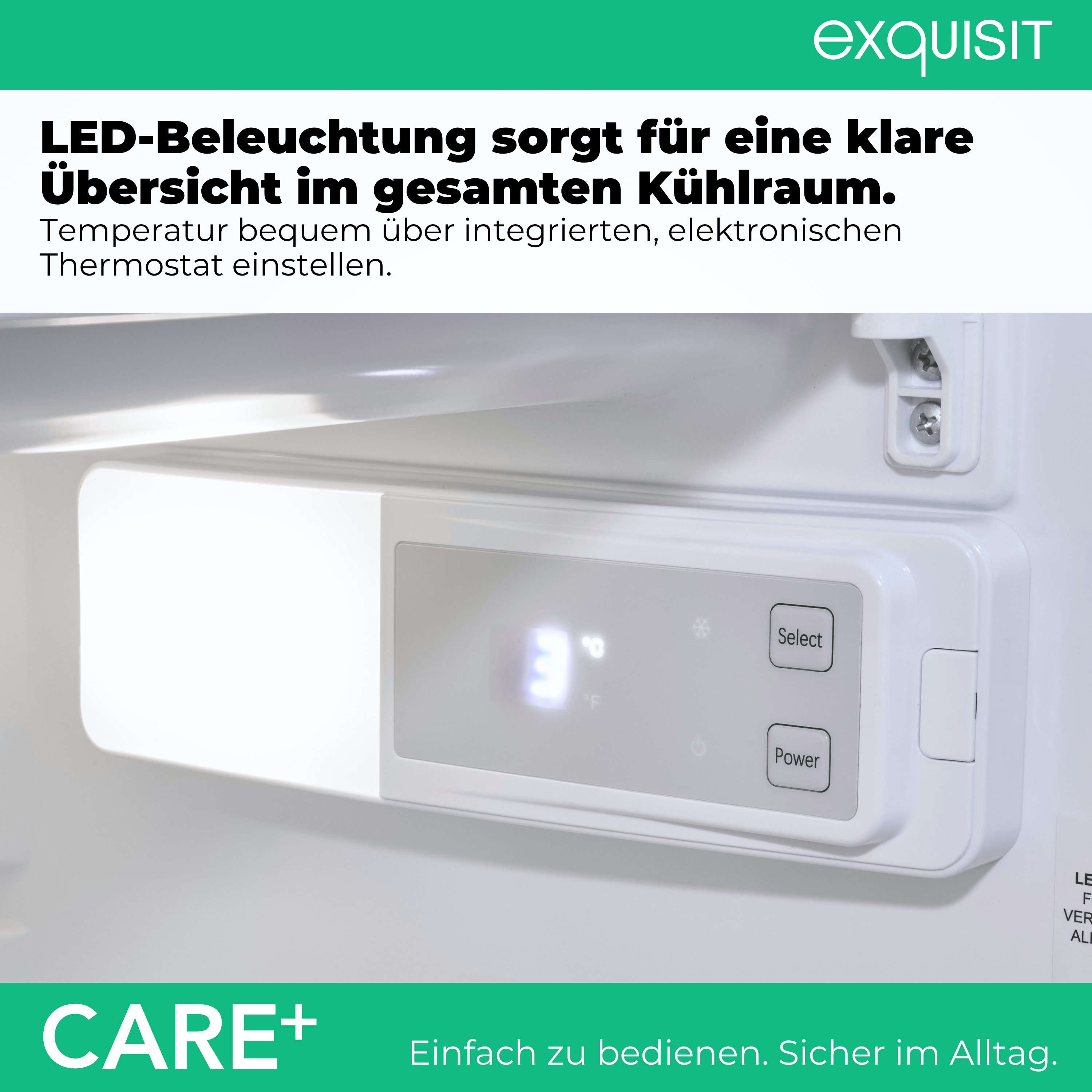 Digitalanzeige mit 3°C und Bedienelementen eines Kühlschranks.