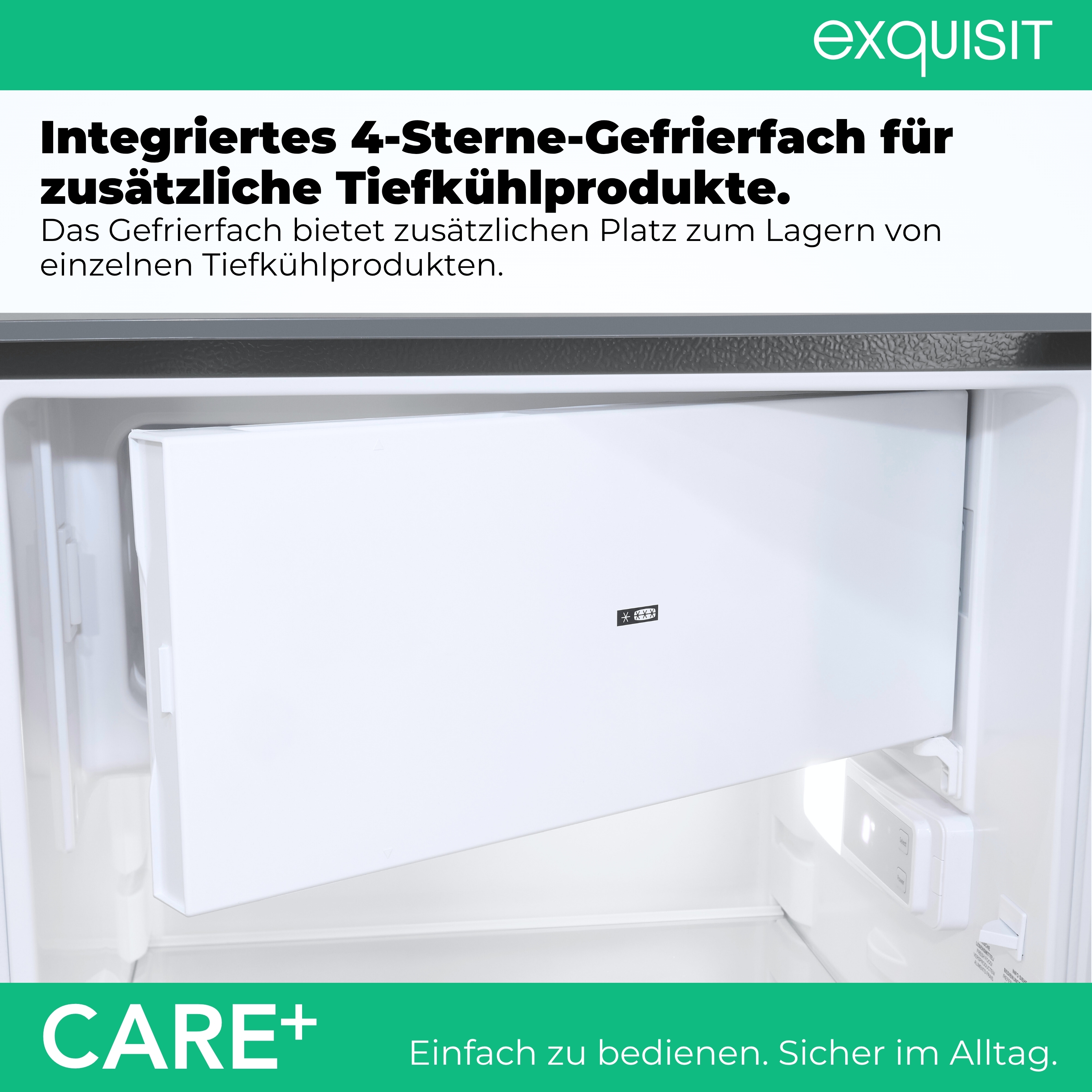 Innenansicht eines Gefrierfachs mit 4 Sternen. Oben steht EXQUISIT.