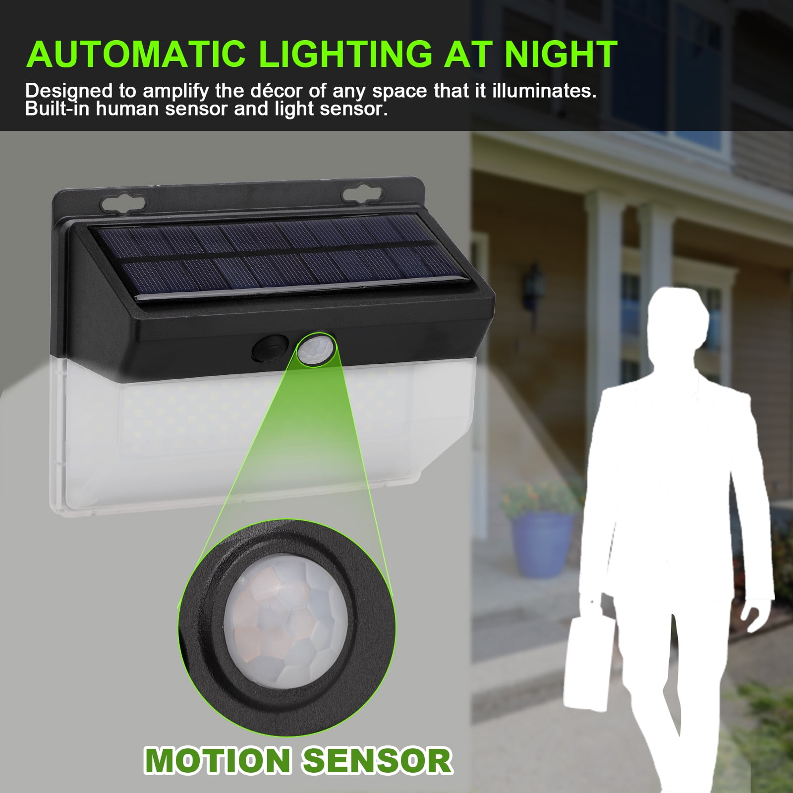 Solarleuchte mit Bewegungssensor an einem Haus. Der Sensor erkennt eine Person.