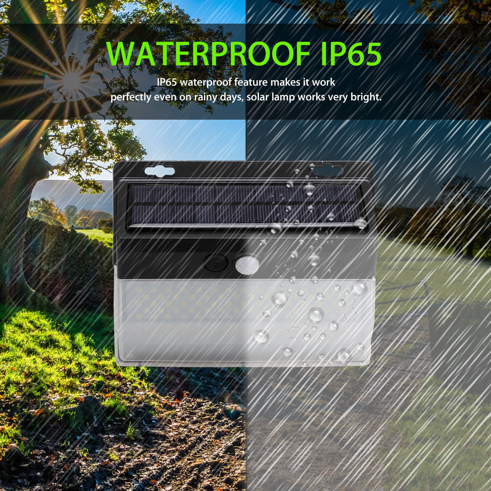 Solarleuchte mit IP65 Wasserdichtigkeit, zeigt eine Landschaft bei Regen.