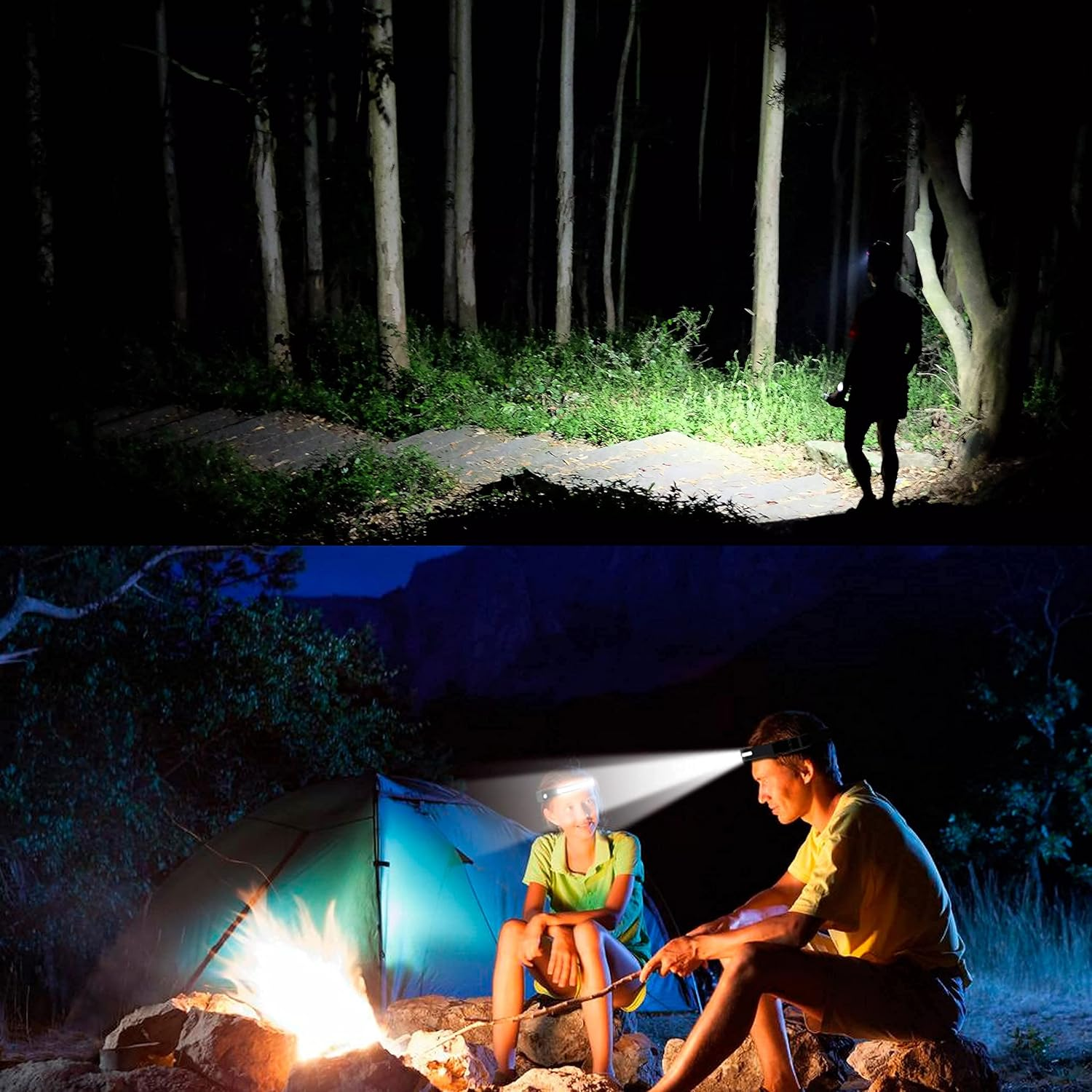 Nachtszen: Oben zeigt eine Person mit Stirnlampe im Wald. Unten zeigt eine Campingszene.