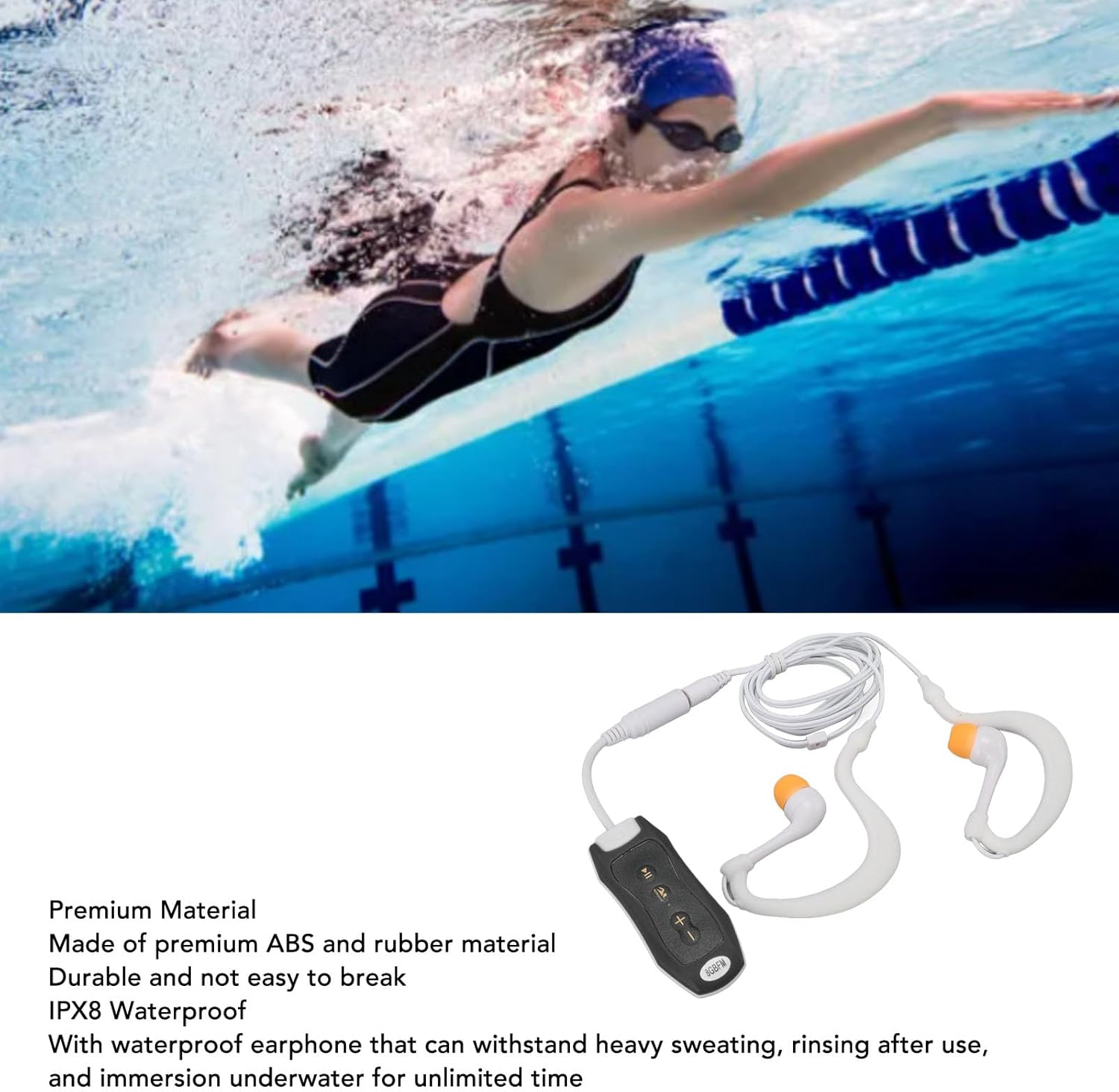 Schwimmerin im Pool neben Leinen; weiße wasserdichte Ohrhörer mit schwarzem Player.