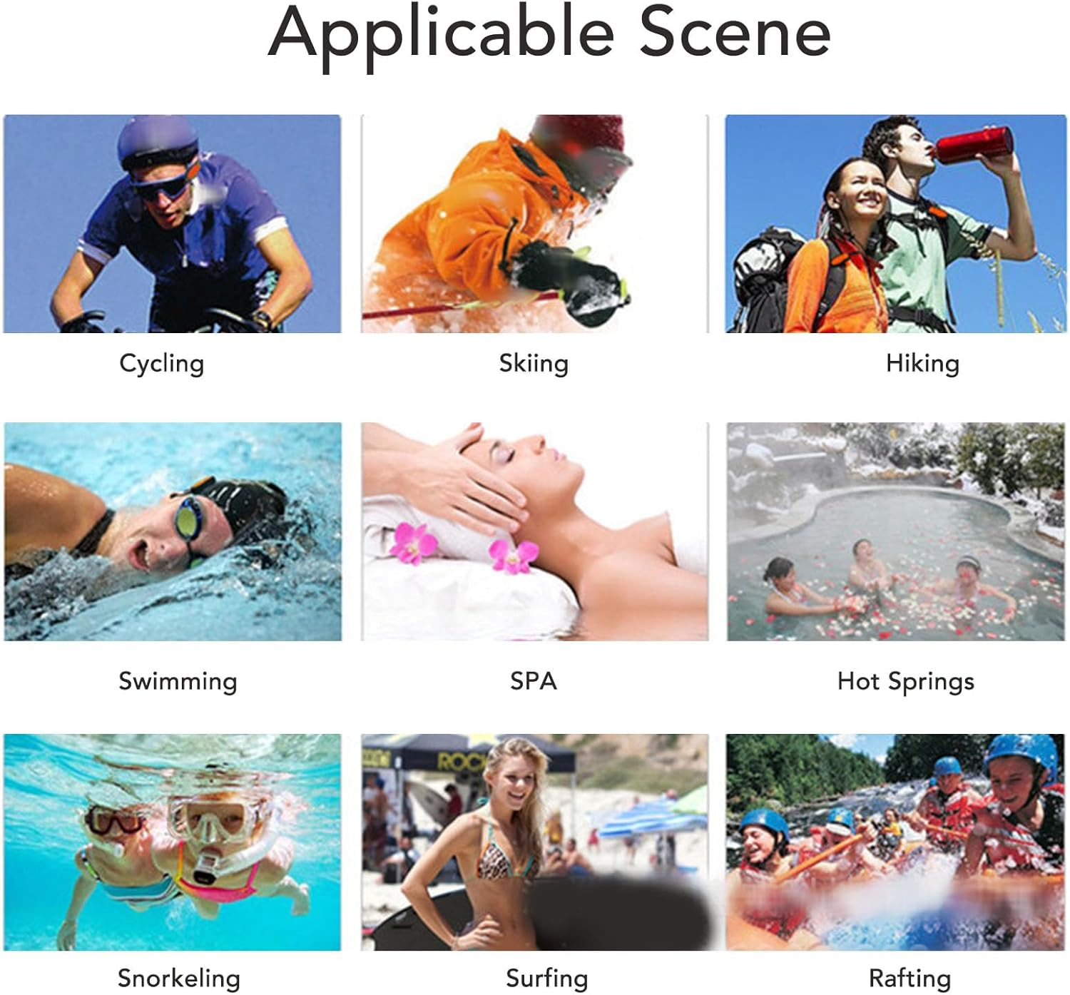 Collage von Aktivitäten: Radfahren, Skifahren, Wandern, Schwimmen, Spa, heiße Quellen, Schnorcheln, Surfen, Rafting.