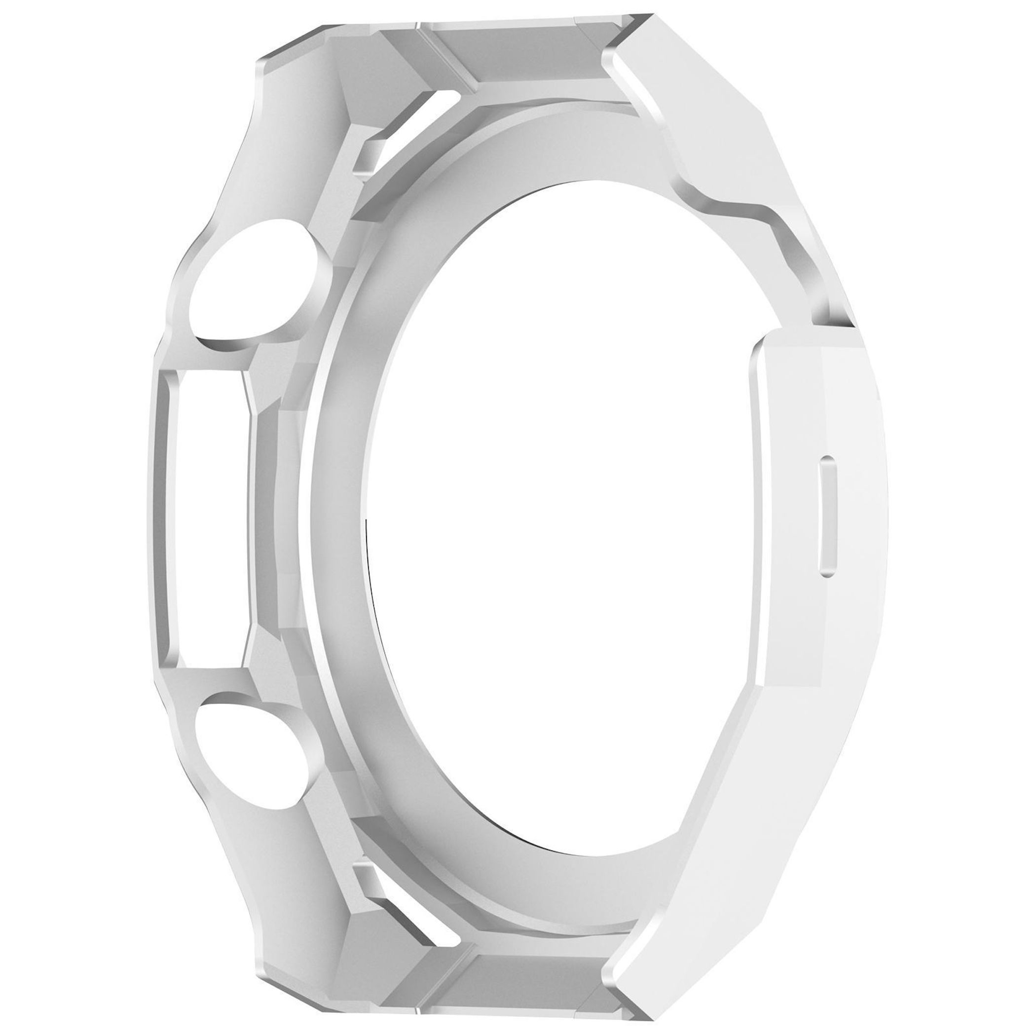 Eine weiße Schutzhülle für eine Smartwatch mit Aussparungen für Knöpfe und Bildschirm.