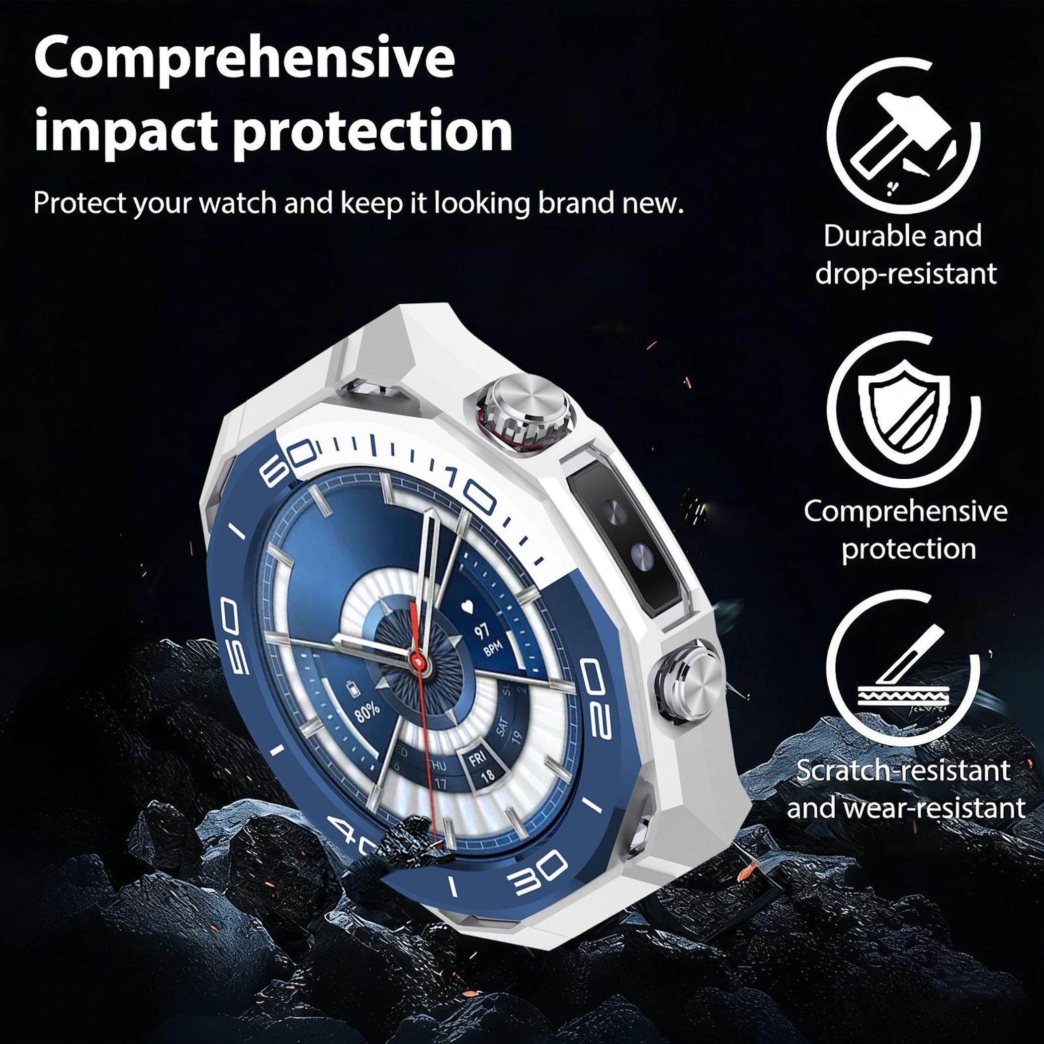 Weiße und blaue Smartwatch mit Metallknöpfen auf dunklem Hintergrund.