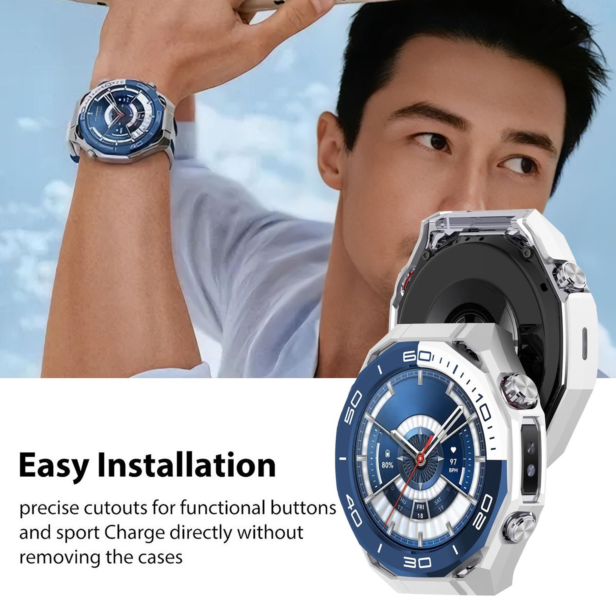 Mann trägt eine Smartwatch mit blauem Zifferblatt. Text: Einfache Installation.