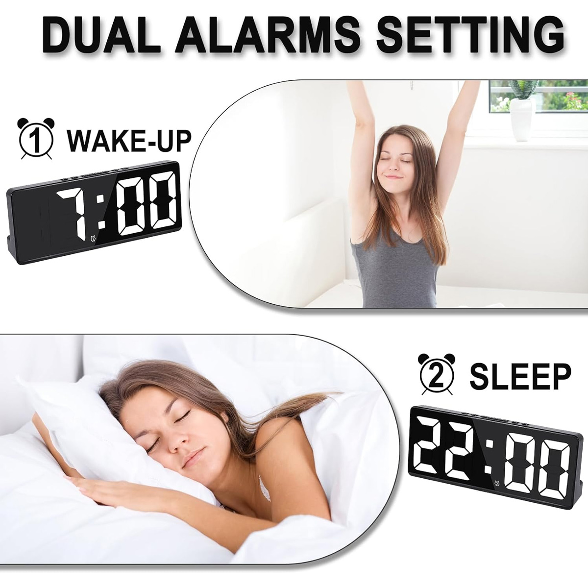 Digitaluhr zeigt 7:00 für Wecker und 22:00 für Schlaf. Frau streckt sich, Frau schläft.