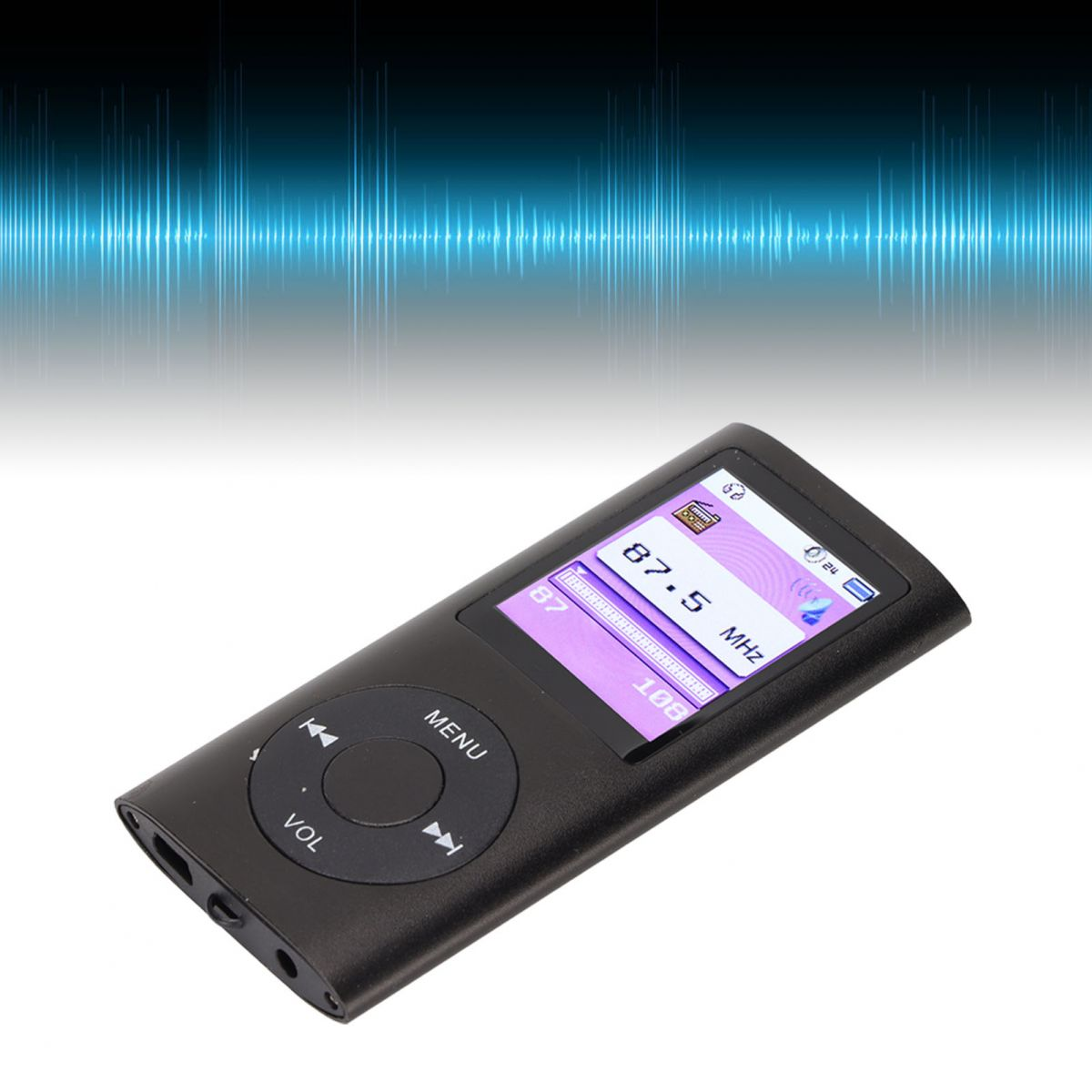 Ein schwarzer MP3-Player zeigt 87,5 MHz auf einem bunten Bildschirm.