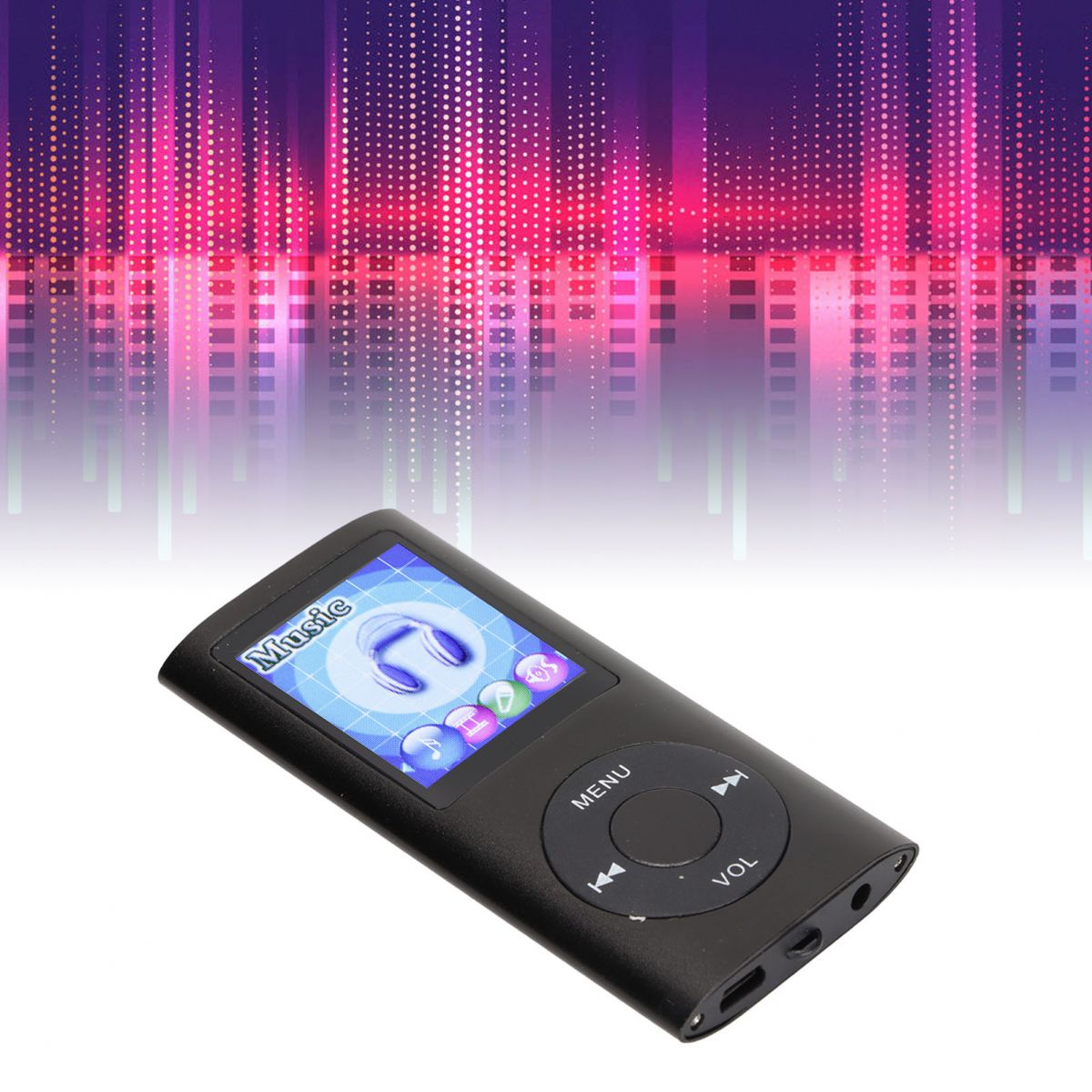 Ein schwarzer MP3-Player mit Kopfhörersymbol auf dem Bildschirm vor einer bunten Lichtshow.
