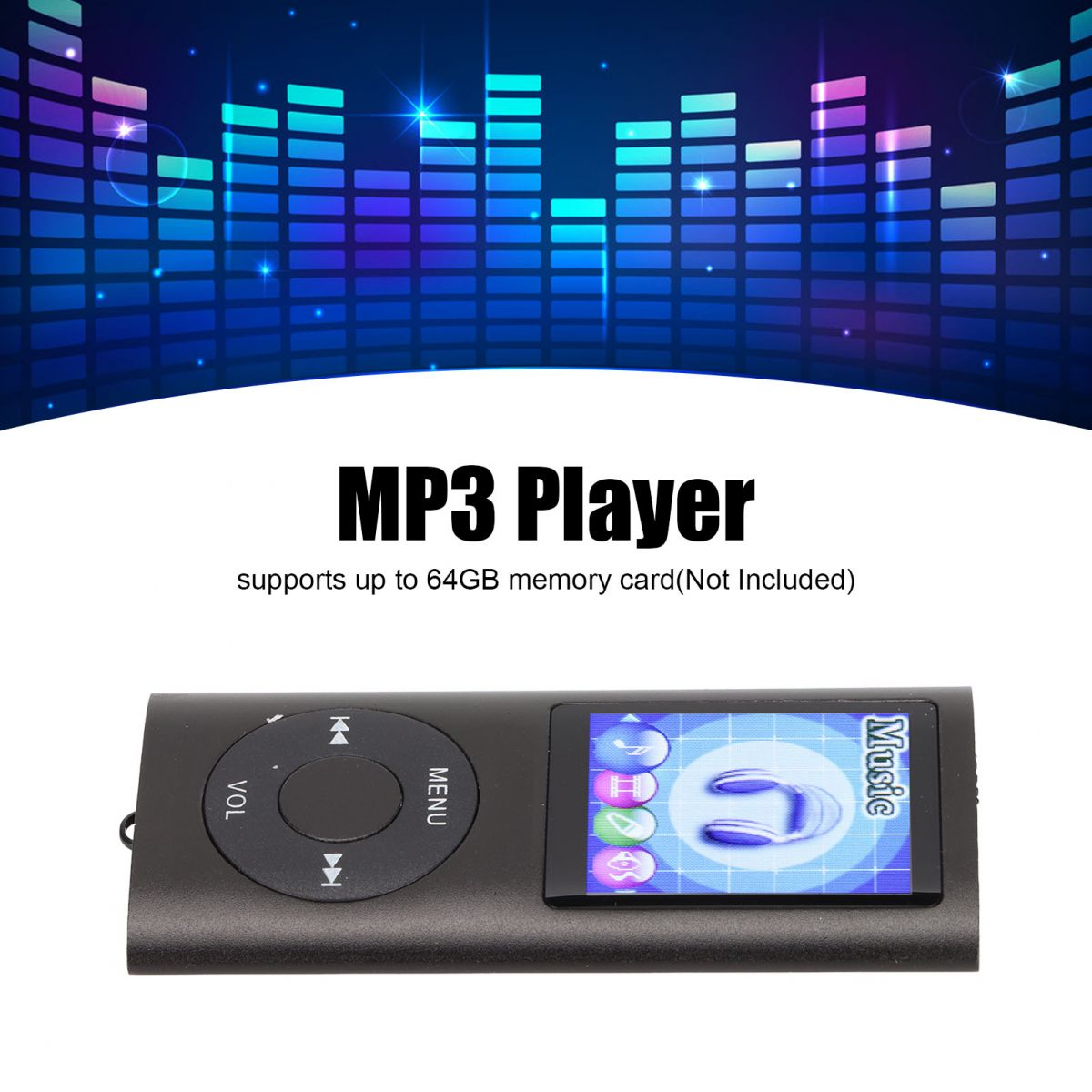 Ein schwarzer MP3-Player mit farbigem Bildschirm, der Musik anzeigt.