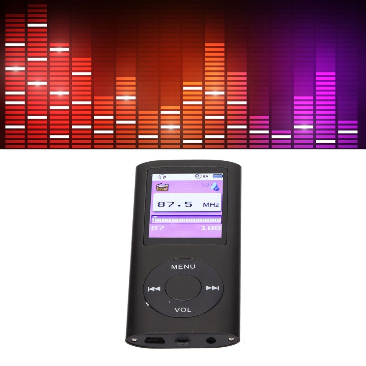Schwarzer tragbarer Musik-Player mit 87,5 MHz auf dem Bildschirm, neben einer bunten Equalizer-Anzeige.