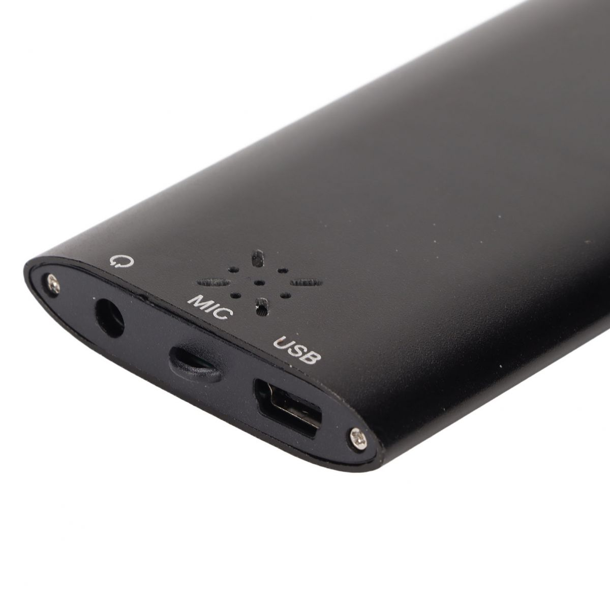 Ein schwarzes Aufnahmegerät mit MIC-, USB-Anschlüssen und Ladeanzeigen.