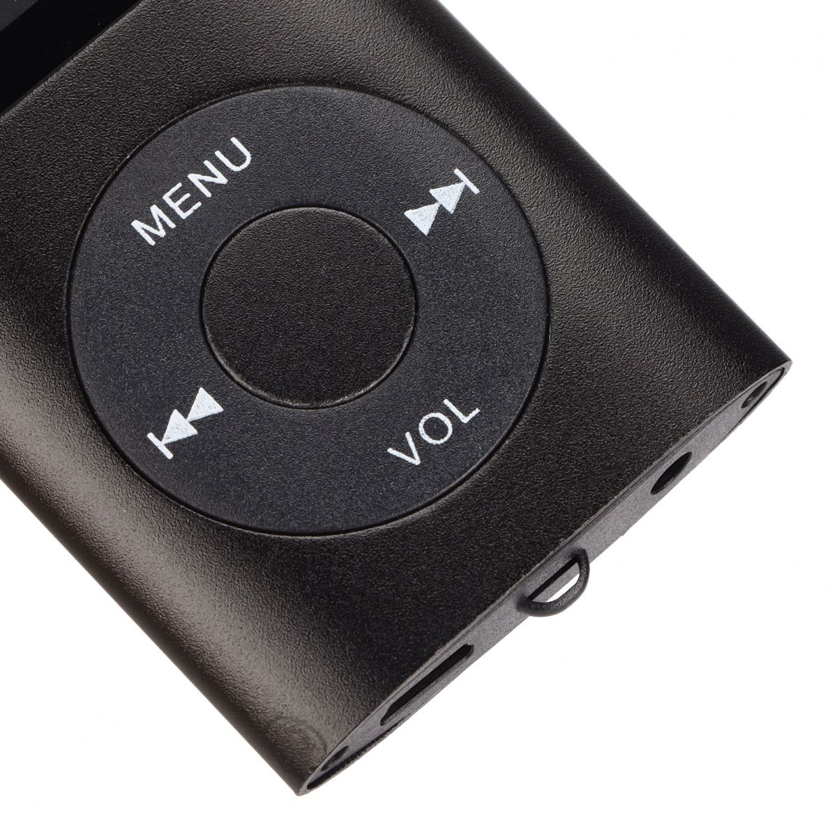 Ein schwarzer MP3-Player mit Menü-, Skip- und Lautstärketasten.