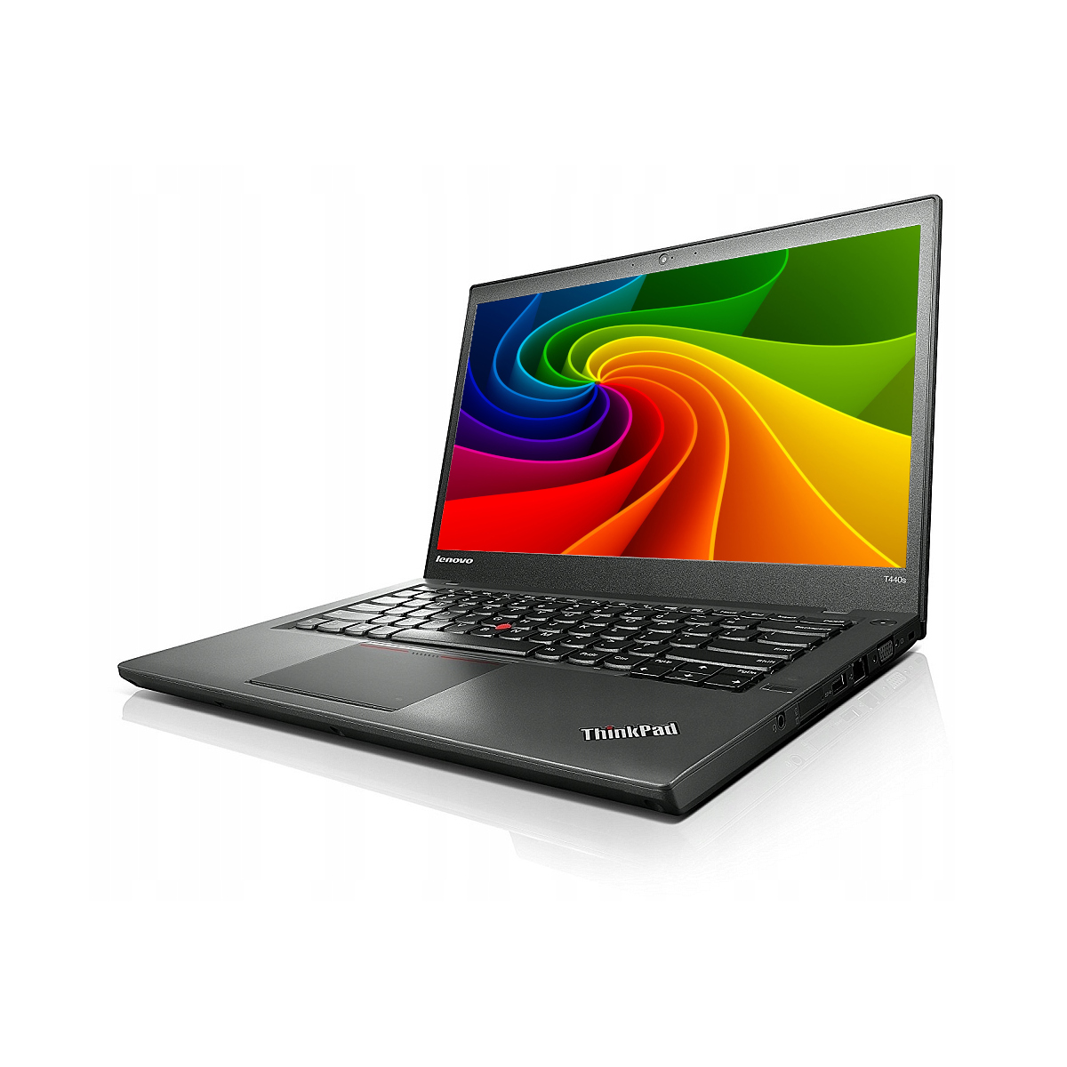 Ein schwarzer Lenovo ThinkPad Laptop mit einem bunten, wirbelnden Muster auf dem Bildschirm.