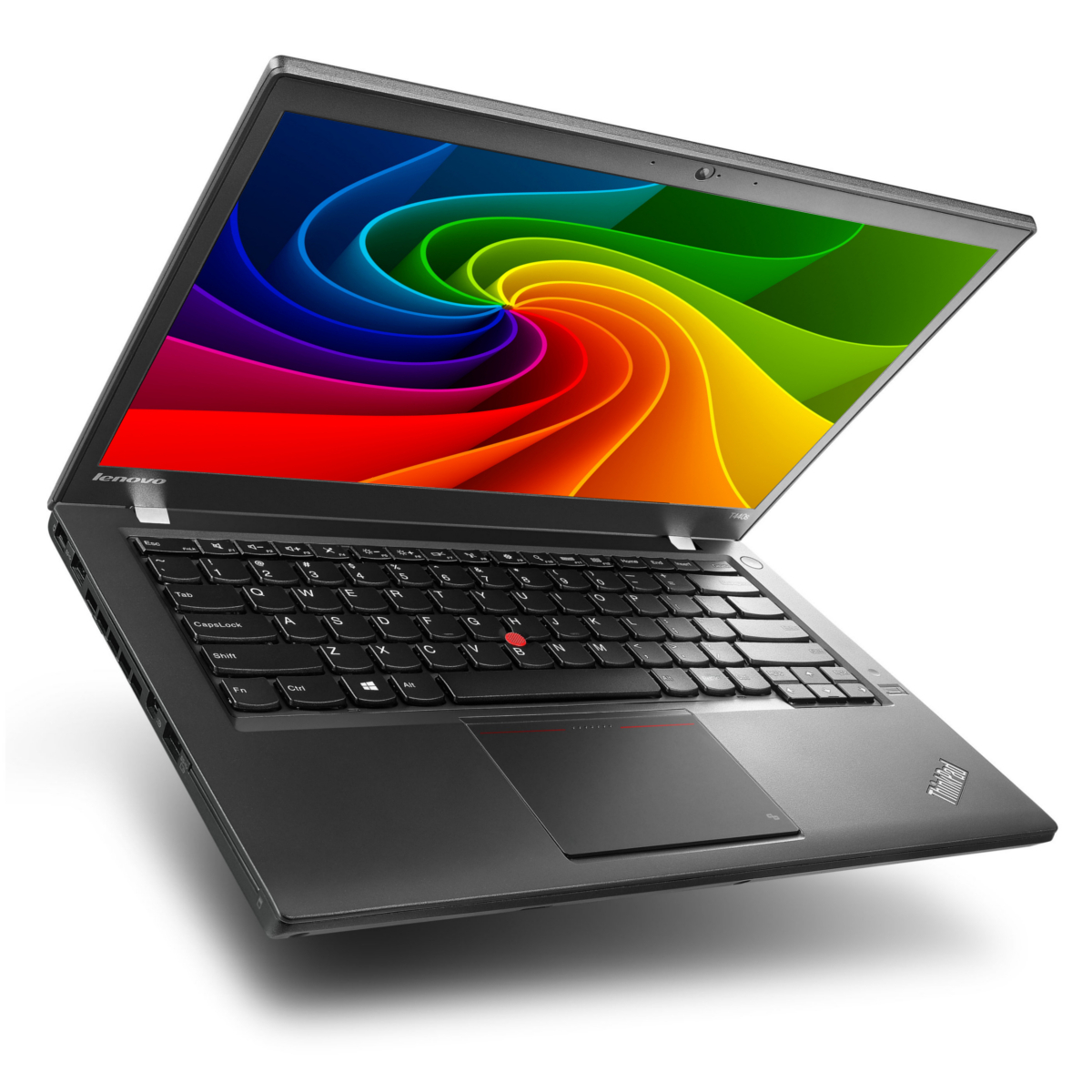 Ein schwarzer Lenovo ThinkPad Laptop ist geöffnet und zeigt ein farbenfrohes, wirbelndes Hintergrundbild.