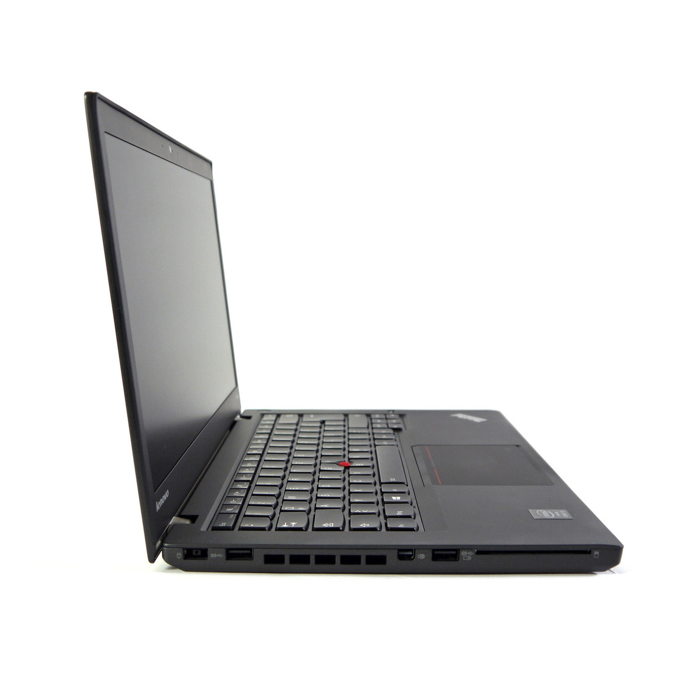 Schwarzer Lenovo Laptop im Seitenprofil, mit Tastatur und Bildschirm.