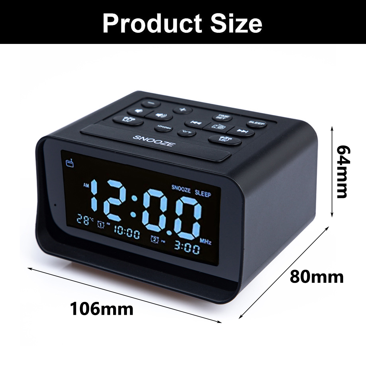 Schwarzer Digitalwecker, 106x80x64mm, zeigt 12:00 Uhr an.