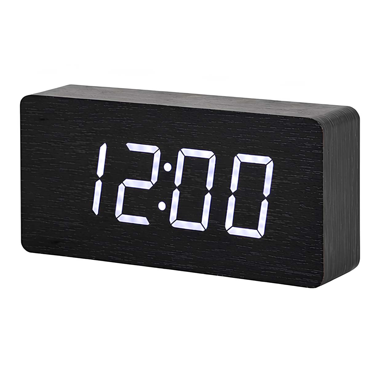 Eine schwarze Holzuhr zeigt 12:00 in weißen LED-Zahlen.
