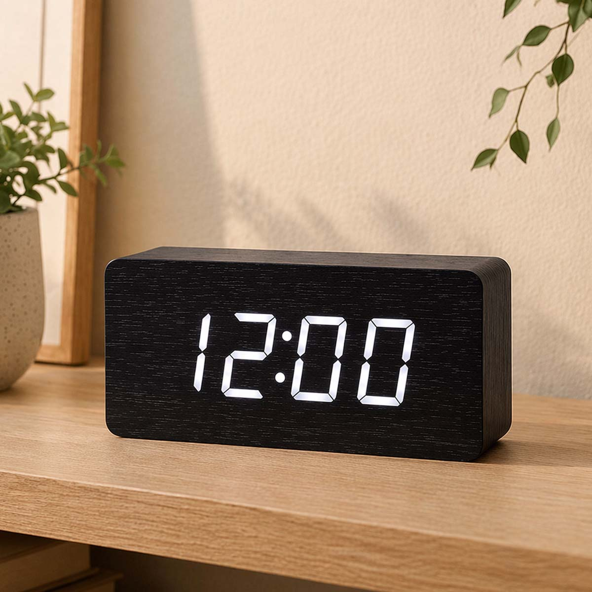 Ein schwarzer Digitalwecker zeigt 12:00 auf einem Holzregal.