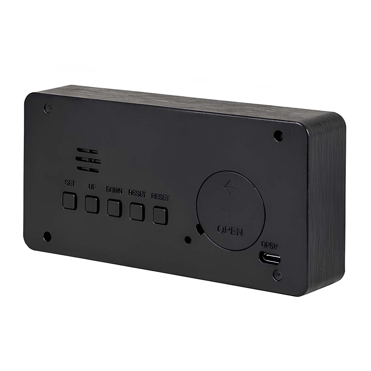 Schwarzer Digitalwecker mit Tasten SET, UP, DOWN und RESET. Offenes Fach.