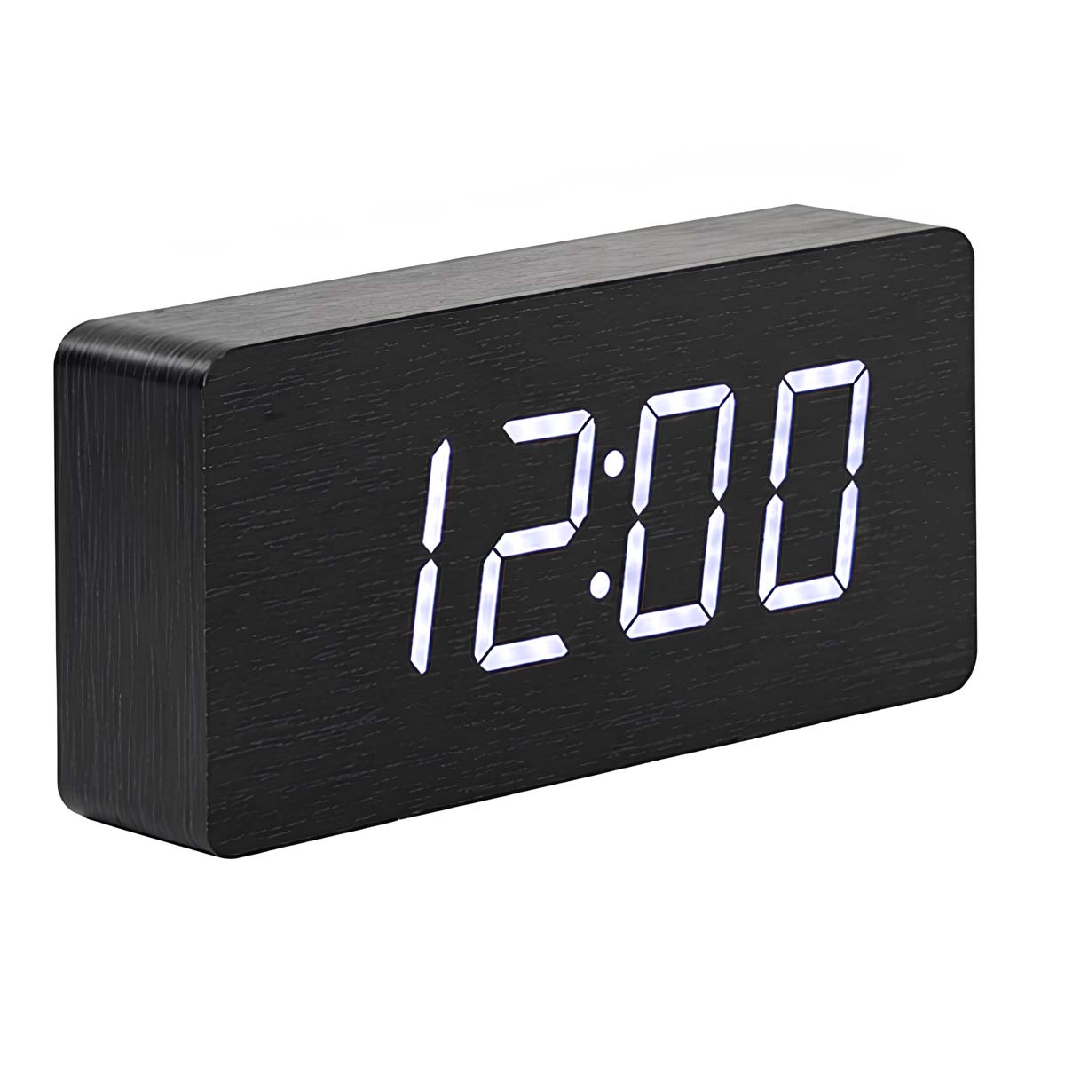Schwarzer Digitaluhr mit Holzmaserung zeigt 12:00 an.