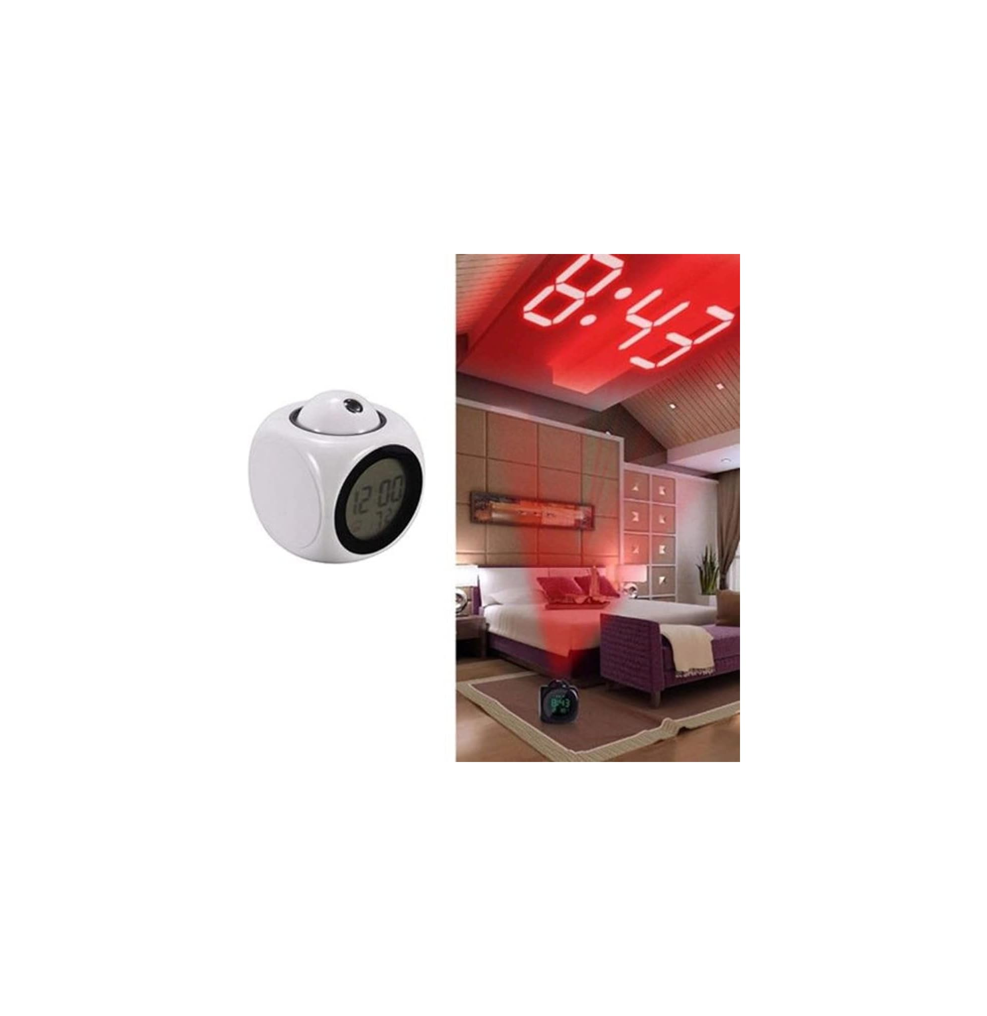 Ein weißer Würfelwecker und ein Schlafzimmer mit roter Projektionsuhr.