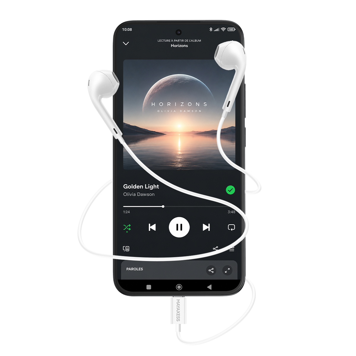 Uno smartphone con auricolari bianchi che riproduce musica. Copertina visibile.