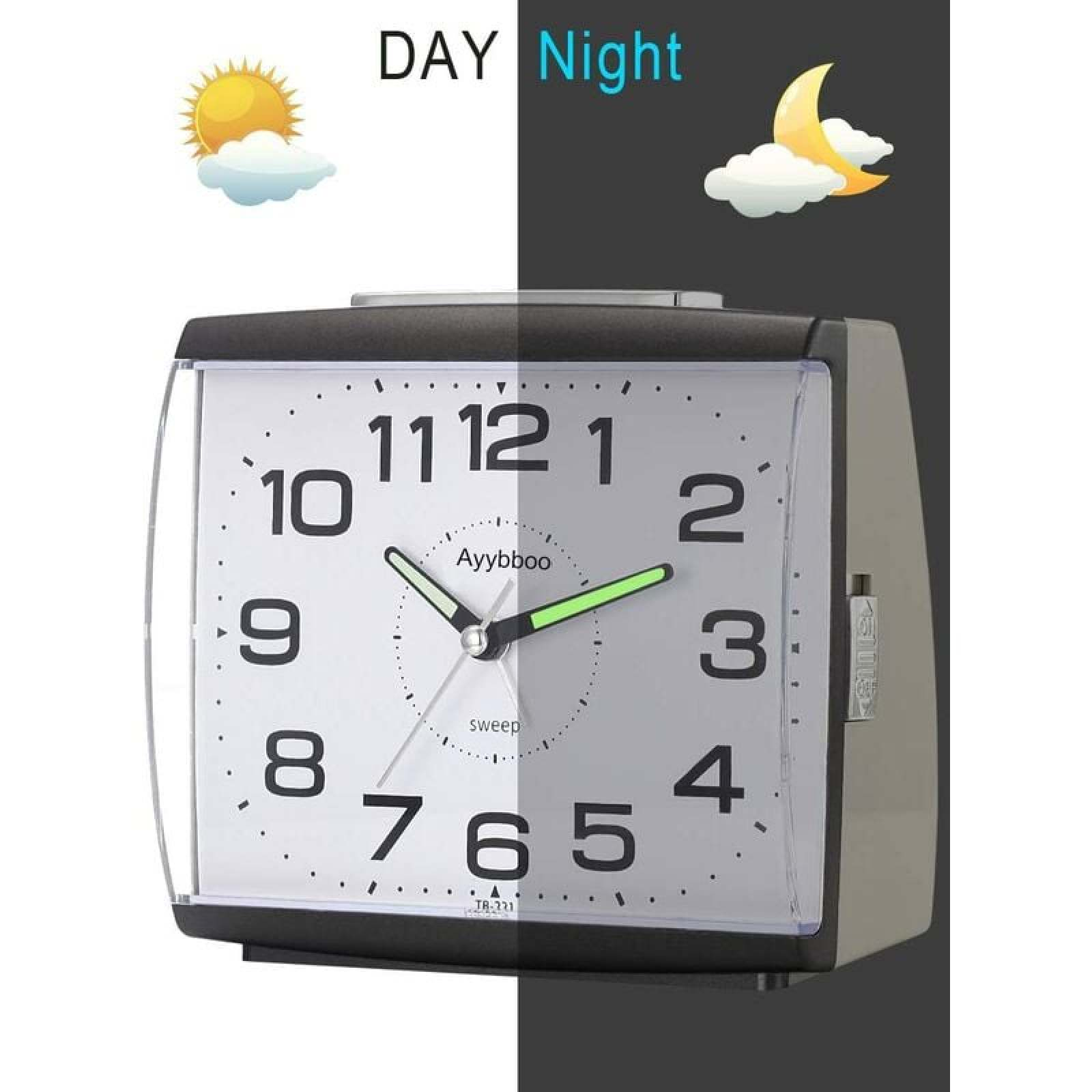 Ein Wecker mit Tages- und Nachtsymbolen. Die Uhrzeit ist 9:10.