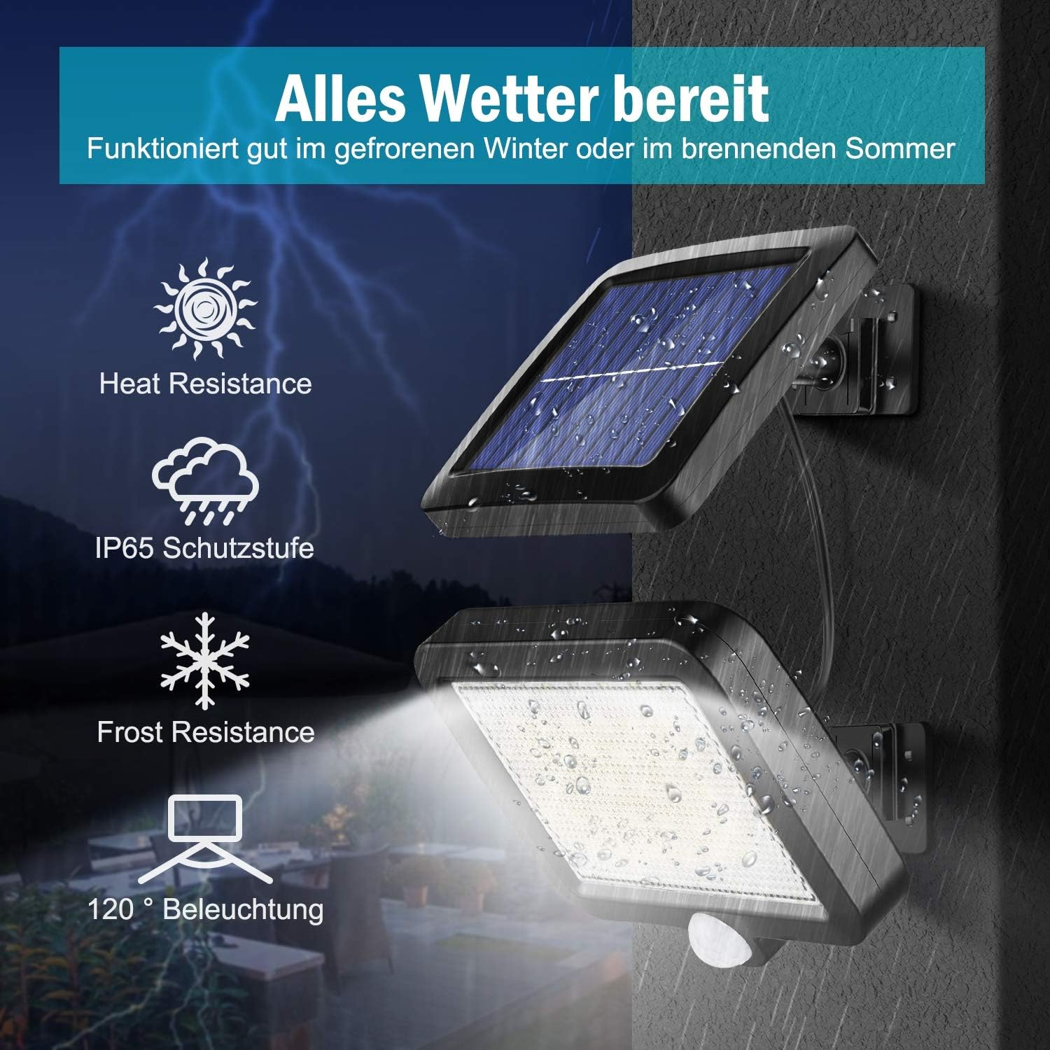 Solarleuchte mit Icons für Hitze-, Frostbeständigkeit, IP65 und 120° Beleuchtung.
