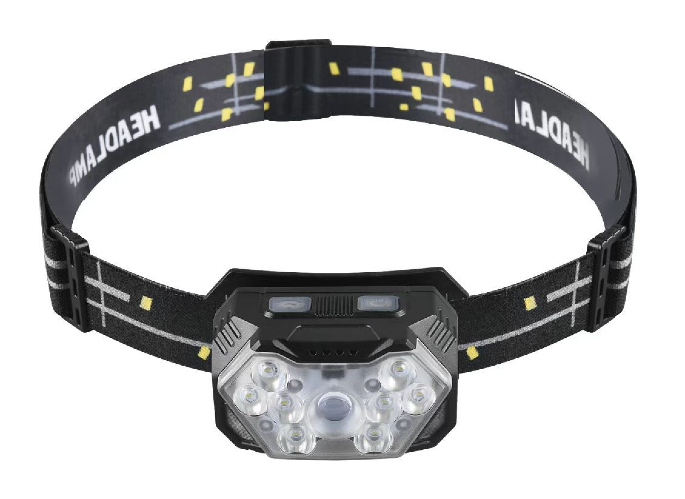 Schwarzes Stirnband mit einem sechseckigen schwarzen Lampengehäuse und mehreren LEDs.