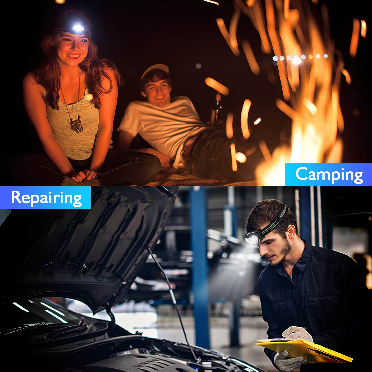 Personen beim Camping und bei der Autoreparatur mit Stirnlampen.