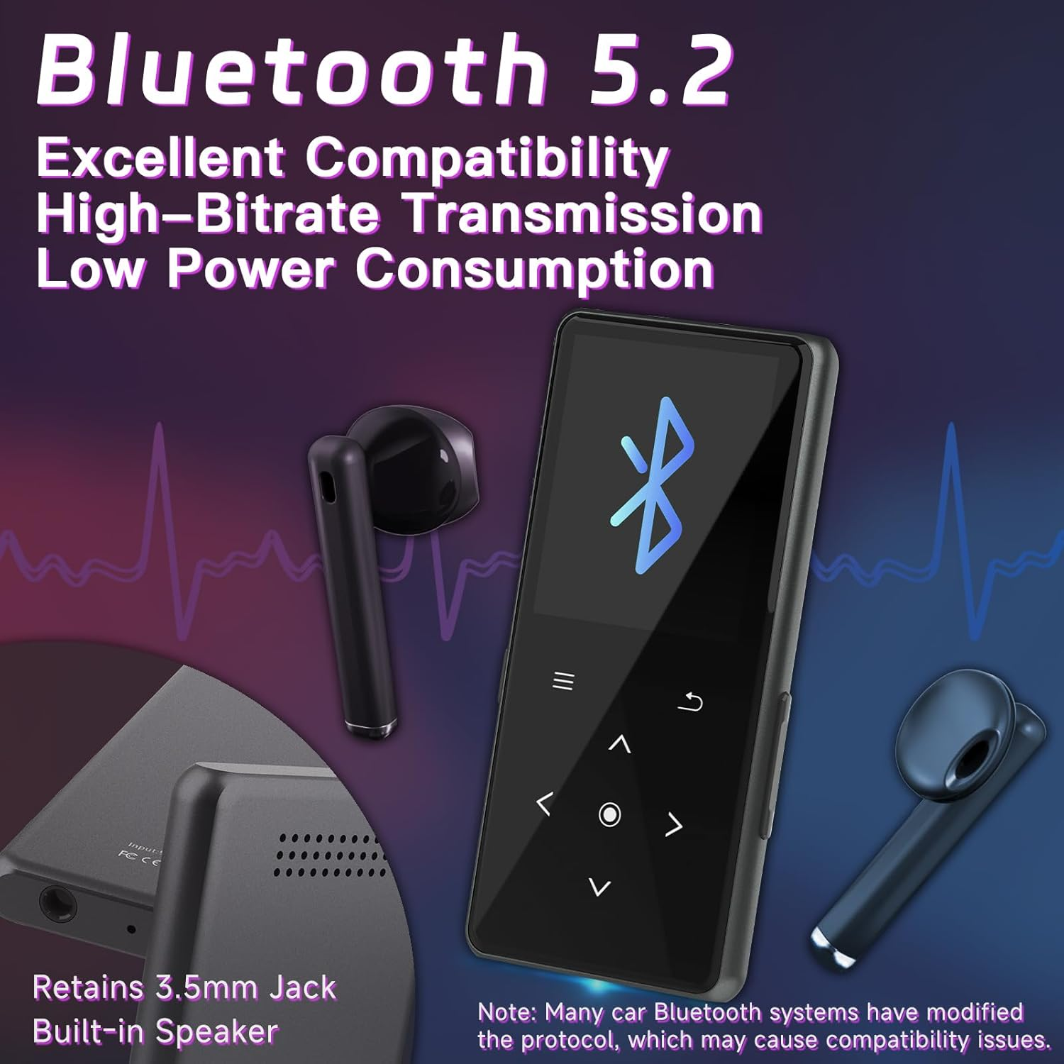 Ein schwarzer MP3-Player mit Kopfhörern, Bluetooth 5.2, 3,5-mm-Klinke und integriertem Lautsprecher.