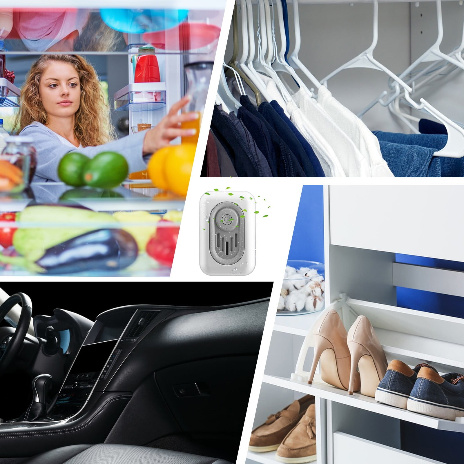 Collage: Frau im Kühlschrank, Kleidung im Schrank, Autoinnenraum, Schuhe, Lufterfrischer.