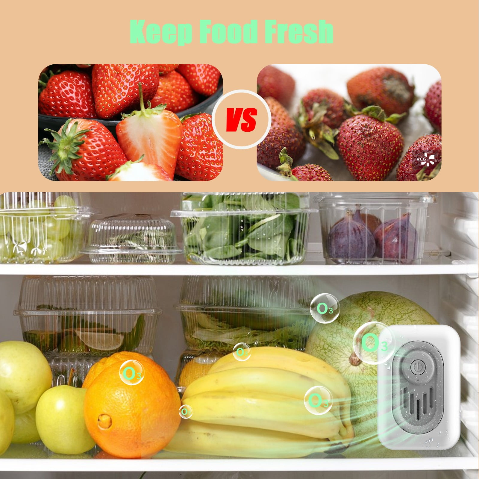 Frische vs. Verrottete Erdbeeren, daneben Obst und Gemüse im Kühlschrank mit Ozongerät.
