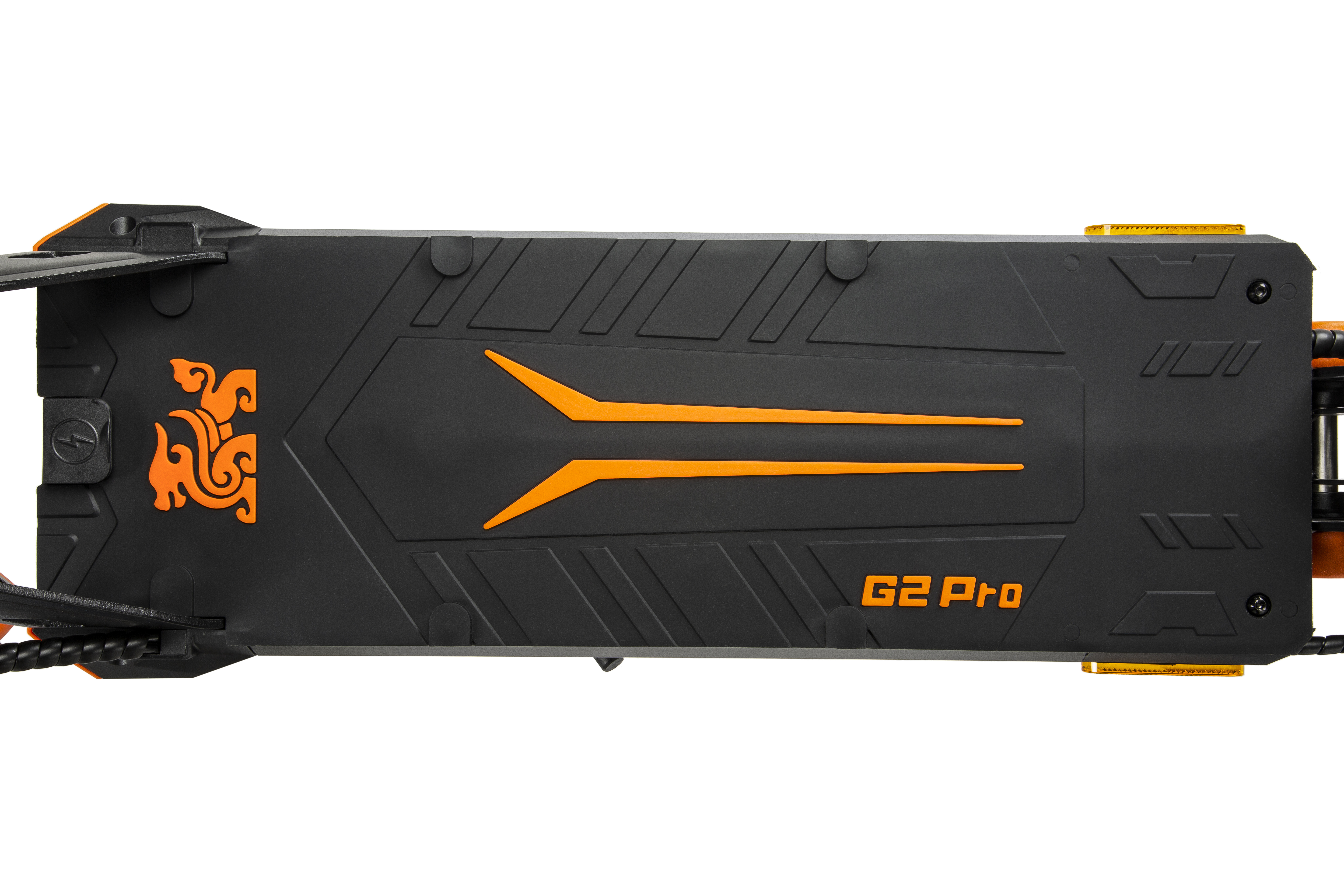 Schwarzes E-Scooter-Deck mit orangem Logo und "G2 Pro"-Schriftzug.