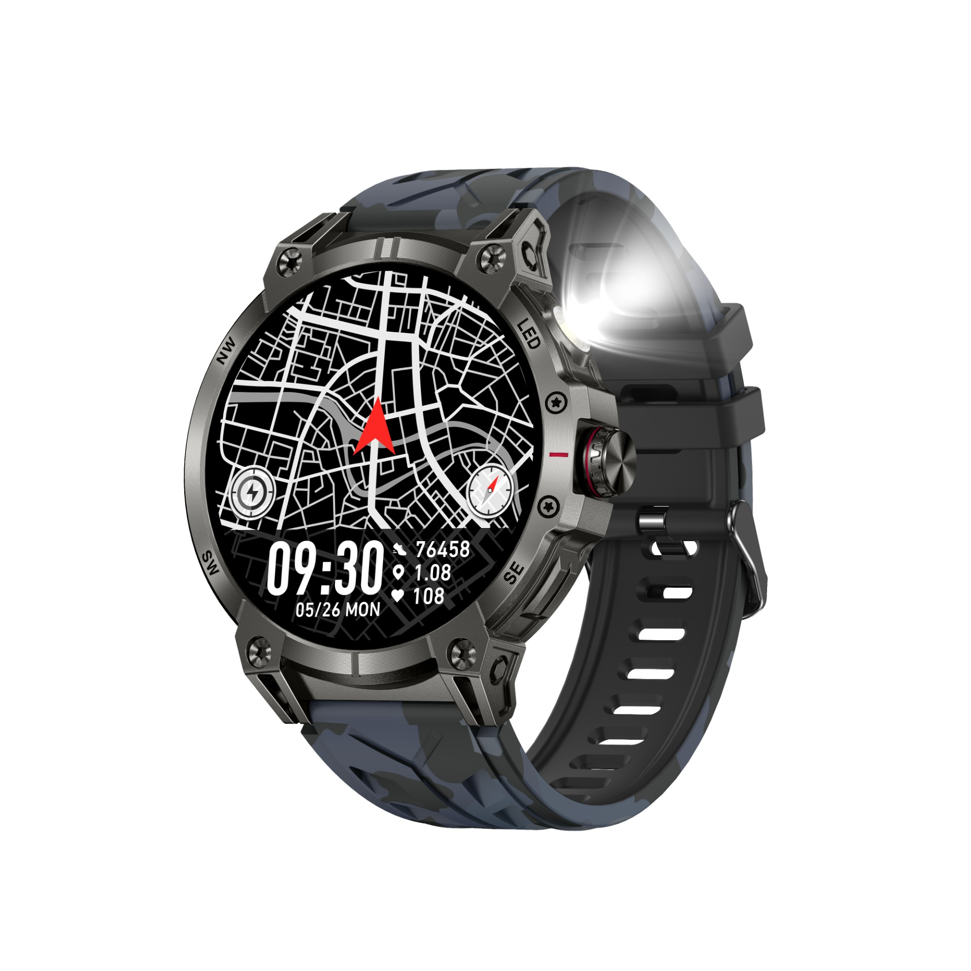 Robuste Smartwatch mit Tarnmuster-Armband, zeigt eine Karte, Uhrzeit 09:30, Datum und Herzfrequenz.