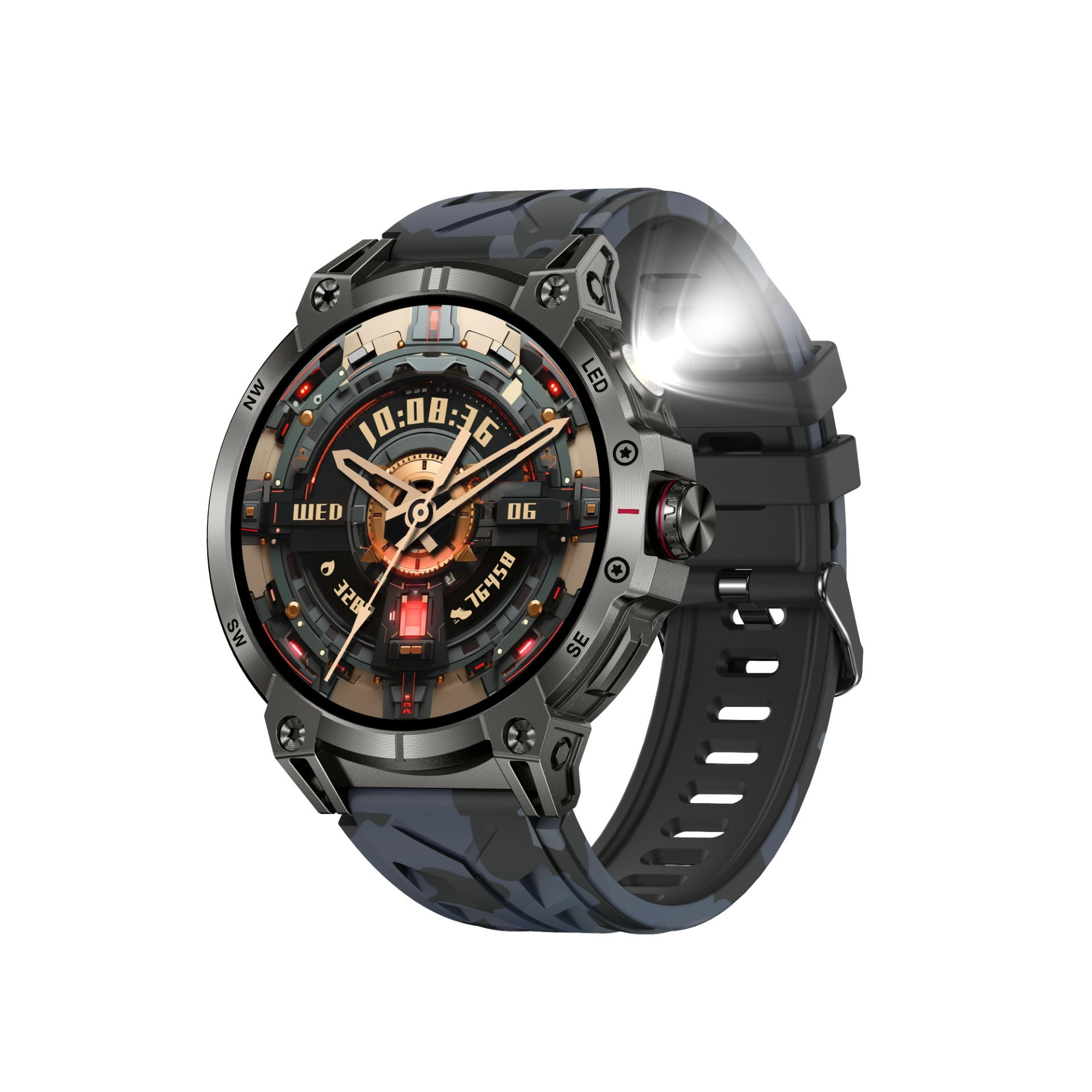 Eine robuste Smartwatch mit Camouflage-Armband zeigt 10:08:16 und MI 06.