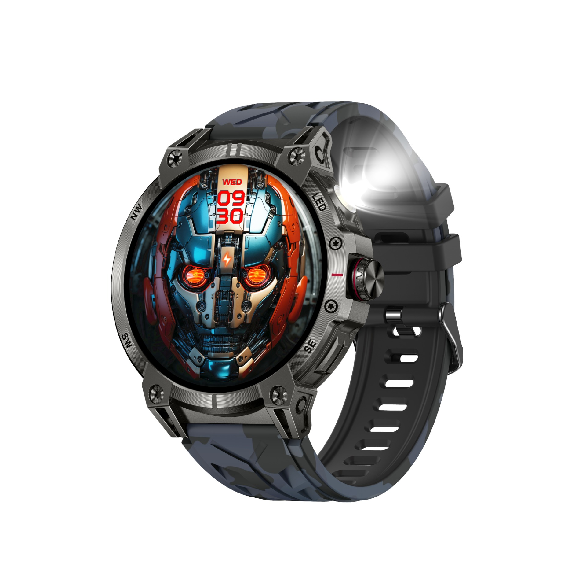 Eine robuste Smartwatch mit Camouflage-Armband und einem Display mit einem Robotergesicht und der Uhrzeit.