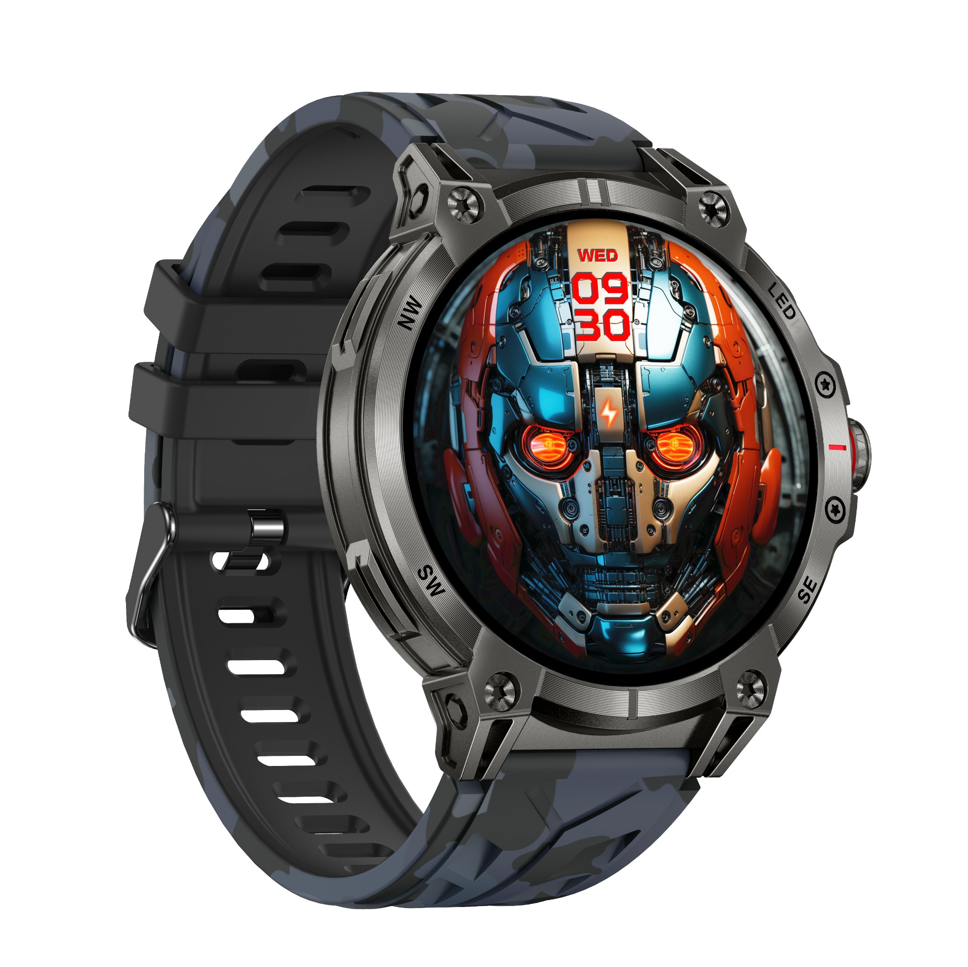 Roboter-Gesicht auf einem Smartwatch-Display mit Camouflage-Armband.