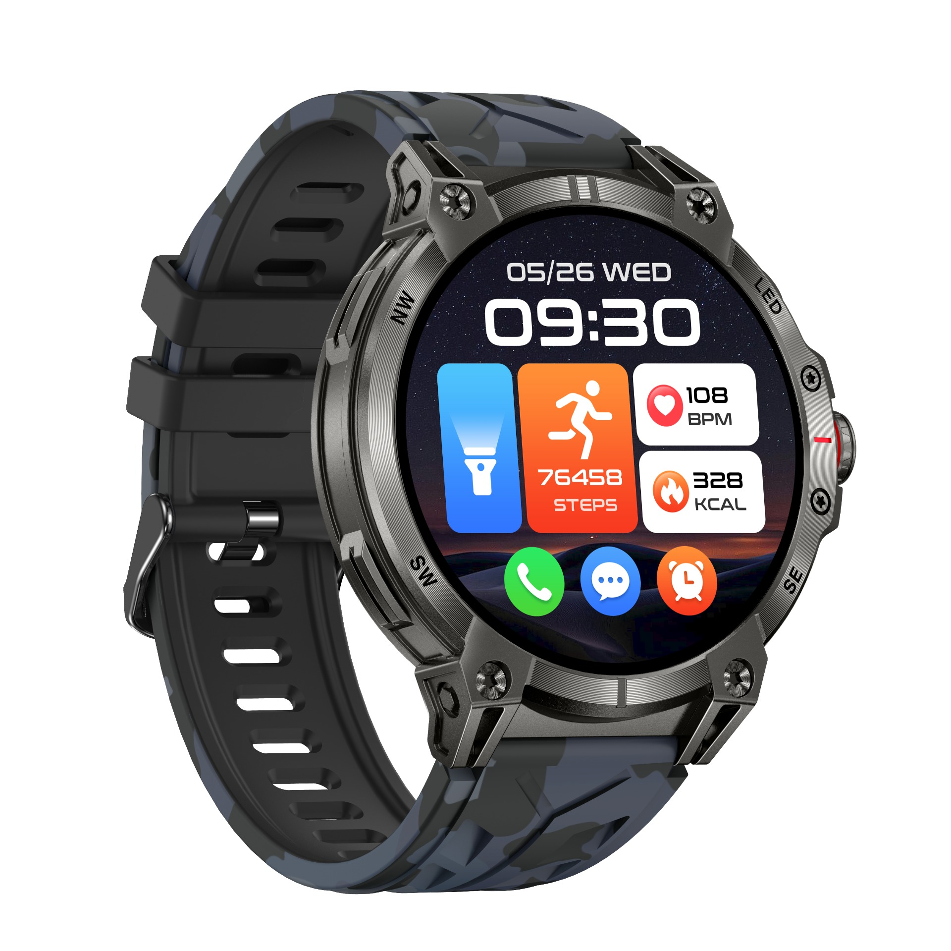 Graue Tarnfarben-Smartwatch mit Camouflage-Armband, zeigt Zeit und Fitnessdaten.