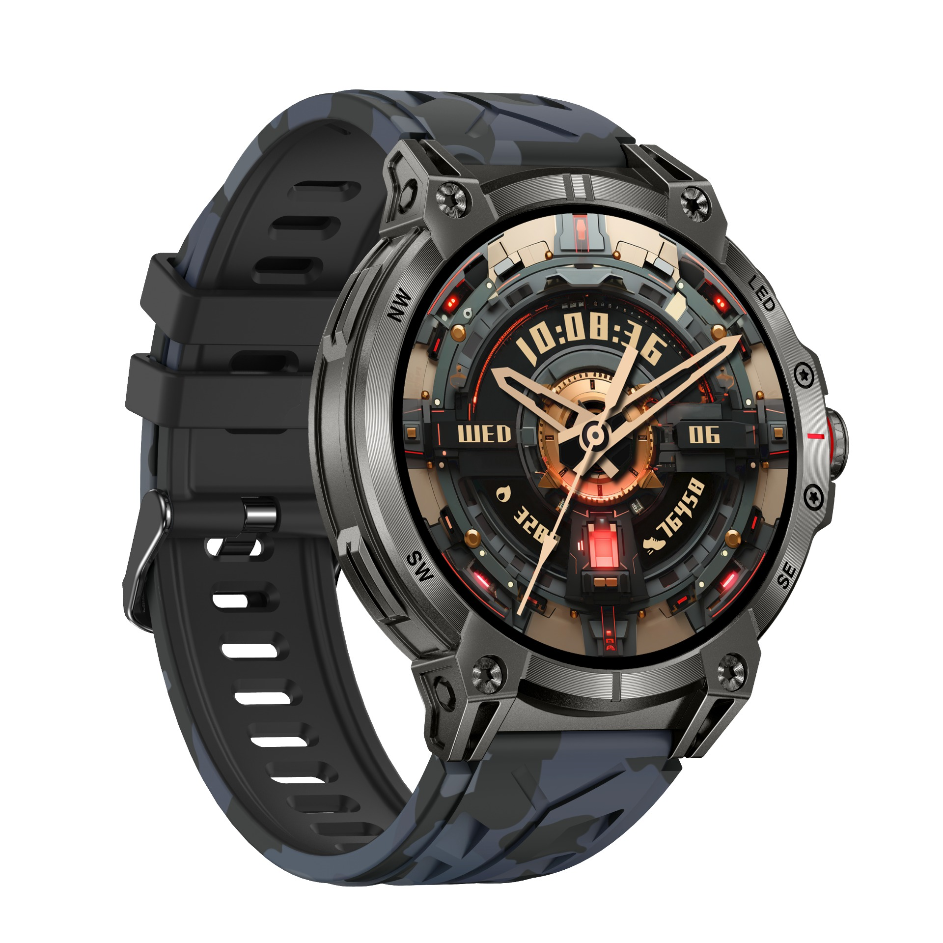 Eine robuste Smartwatch mit Camouflage-Armband, digitaler Anzeige und Metalllünette.
