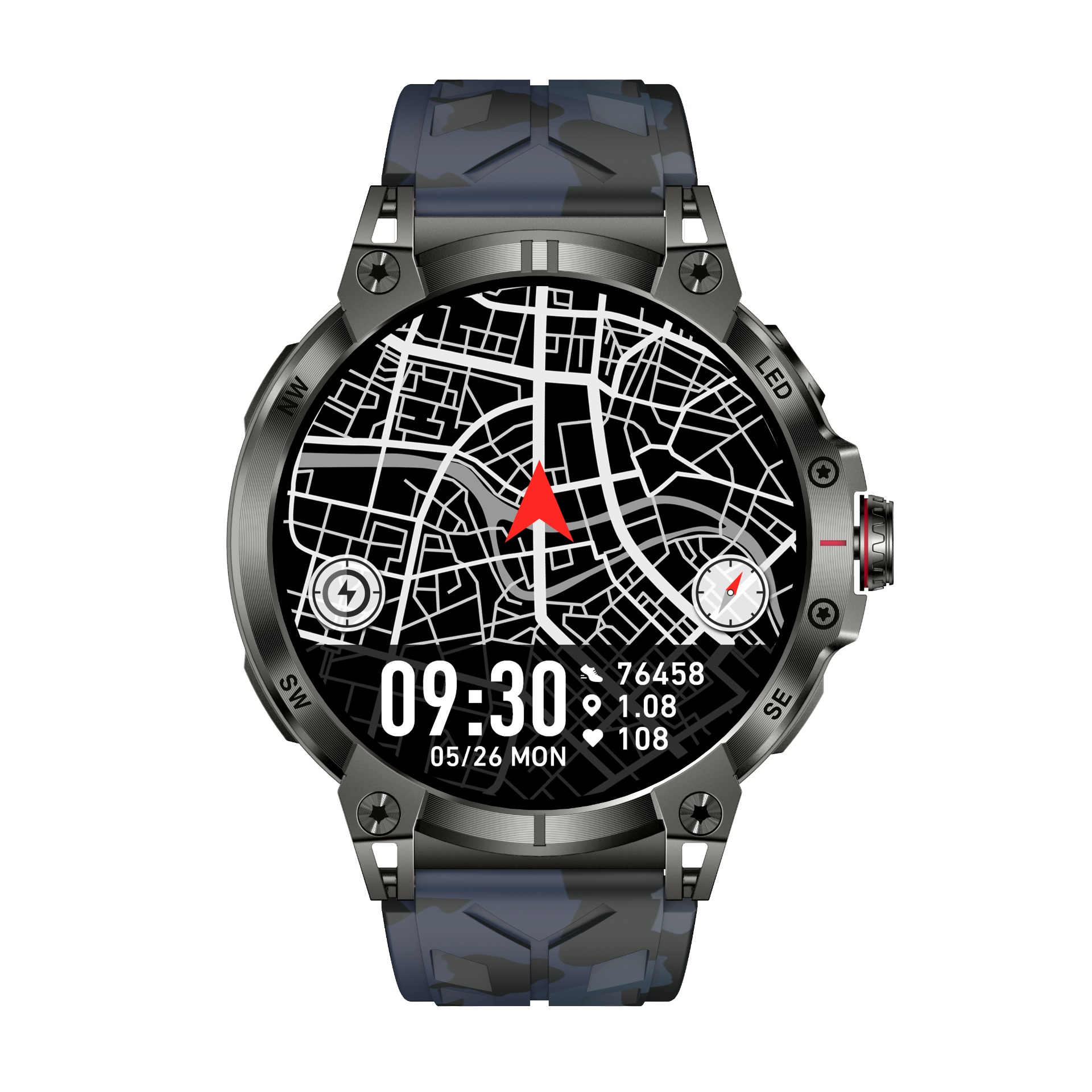 Eine Smartwatch mit Camouflage-Armband zeigt eine Karte, Zeit 09:30 und Daten.