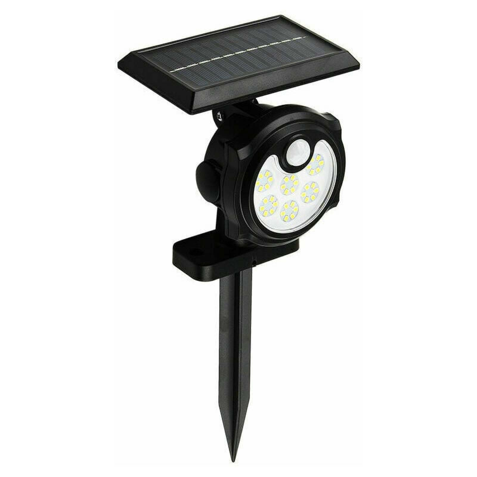 Ein schwarzer Solar-Gartenstrahler mit sechs LEDs und einem schwenkbaren Solarmodul.