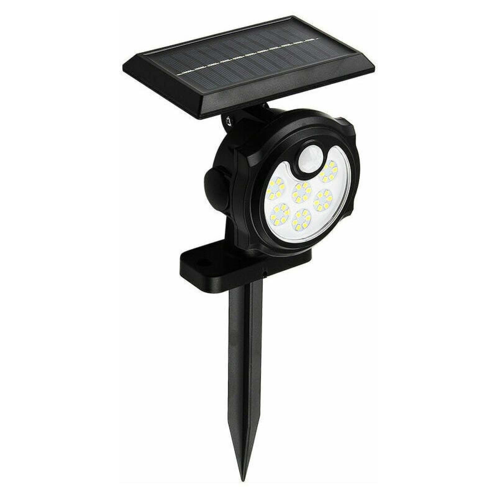 Schwarze Solar-Gartenleuchte mit verstellbarem Kopf und sechs LEDs.