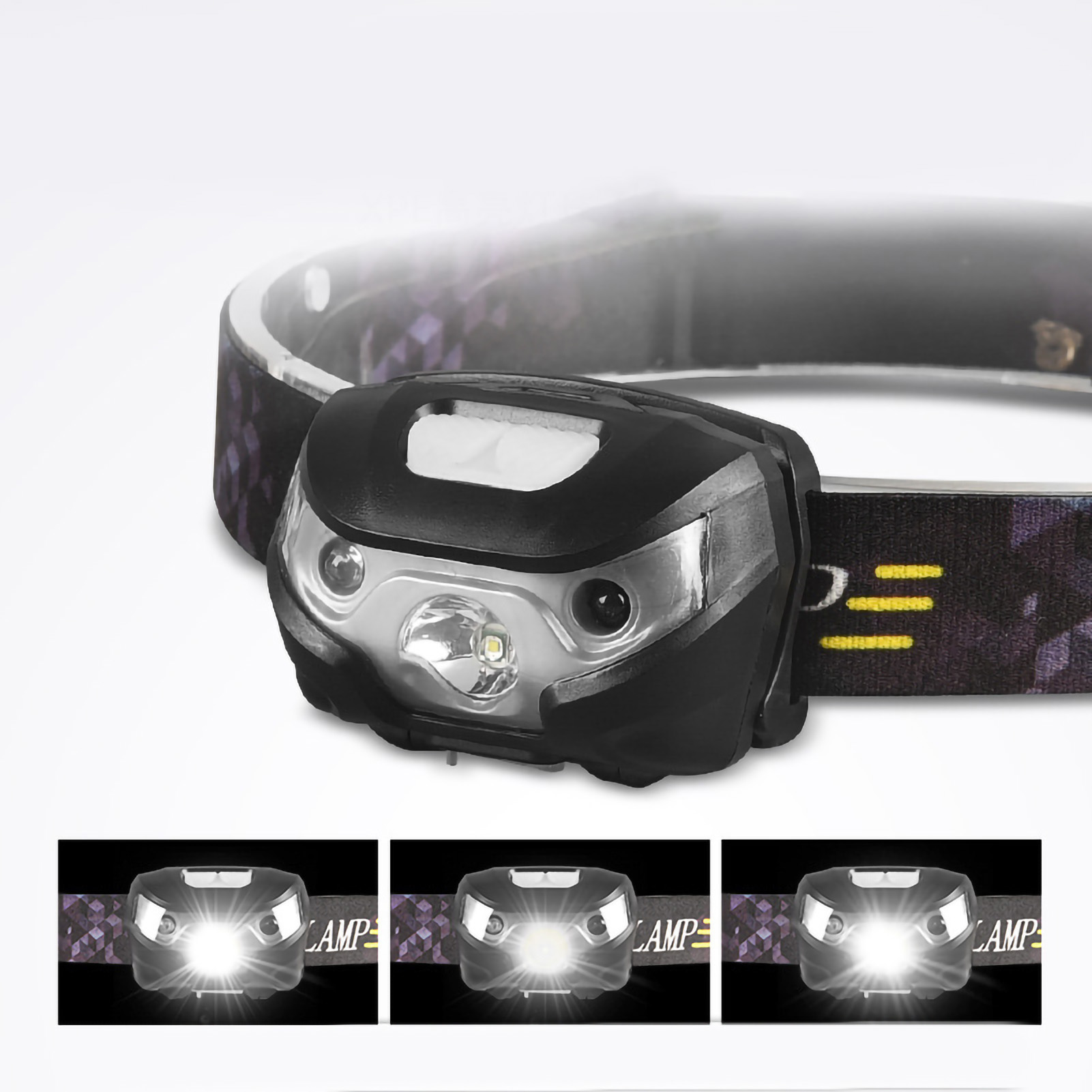Eine schwarze Stirnlampe mit verstellbarem Band und mehreren Lichtern.