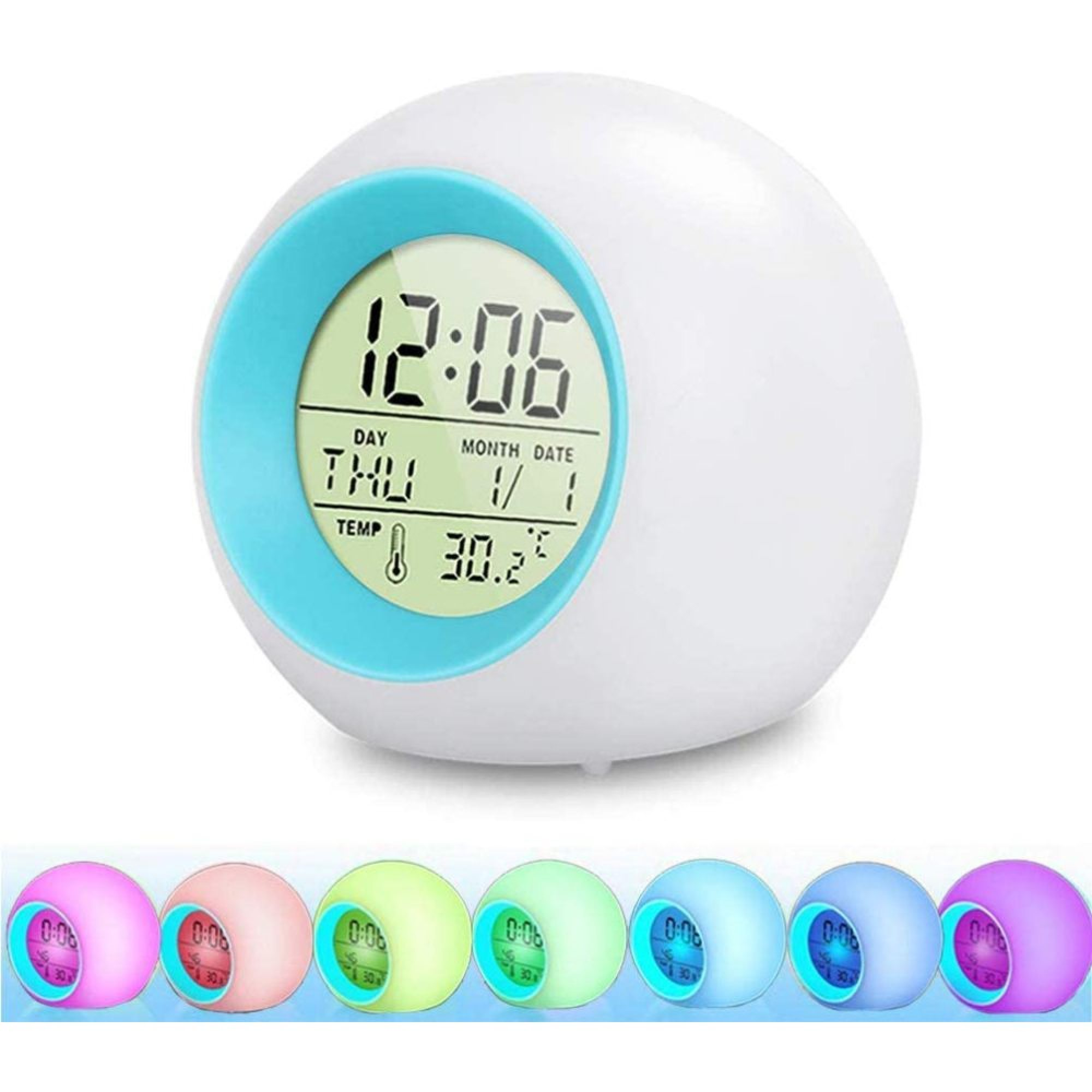 Ein runder digitaler Wecker mit blauem Ring, zeigt 12:06, Donnerstag, 1. Jan, 30.2°C.