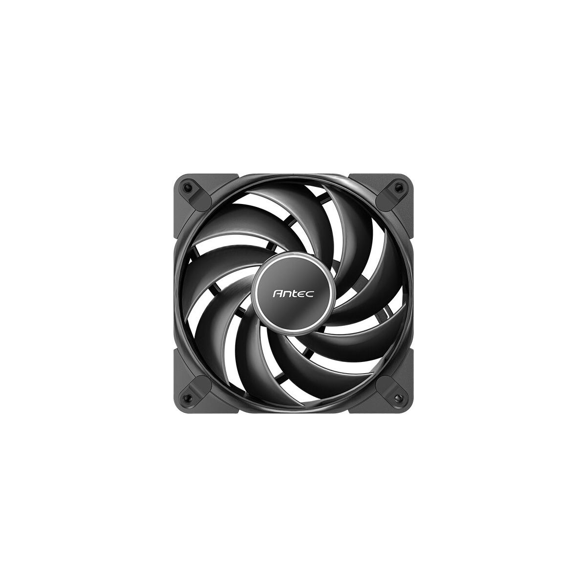 Ein schwarzer Computerlüfter mit gewölbten Rotorblättern und dem Antec-Logo.