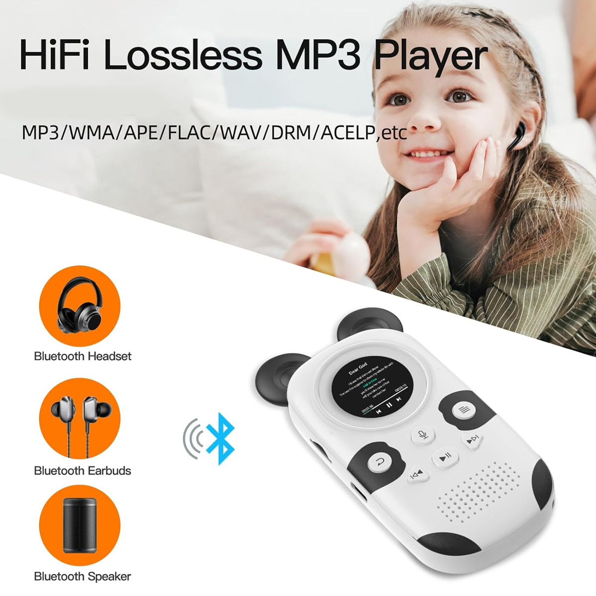 Ein weißer MP3-Player mit Panda-Motiv, Kopfhörern, Ohrhörern und Lautsprecher.