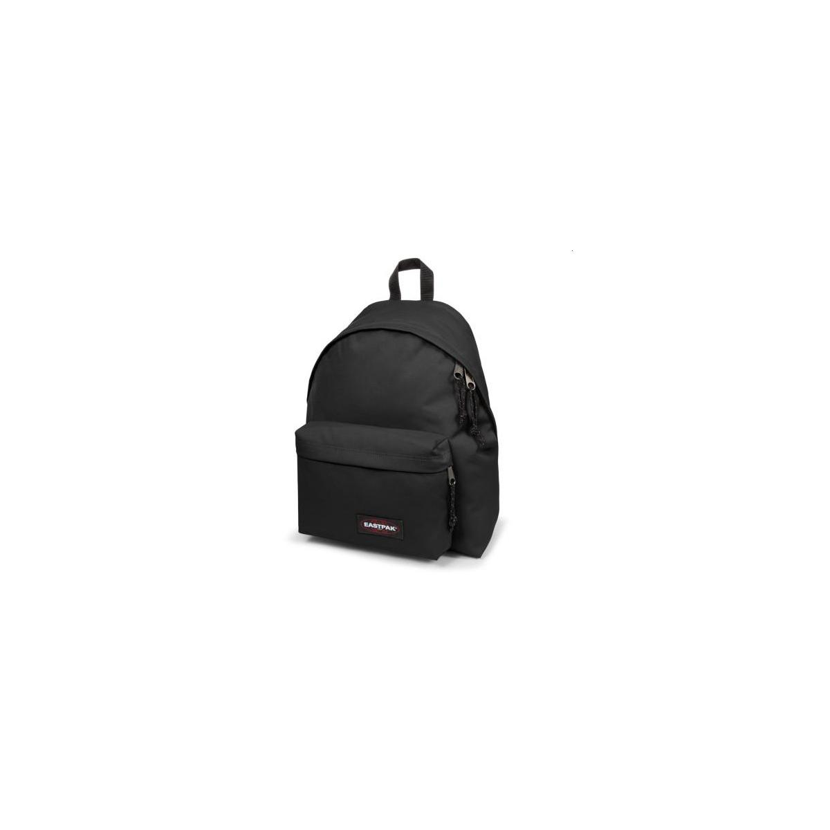Ein schwarzer Eastpak Rucksack mit Reißverschluss und einem Griff oben.